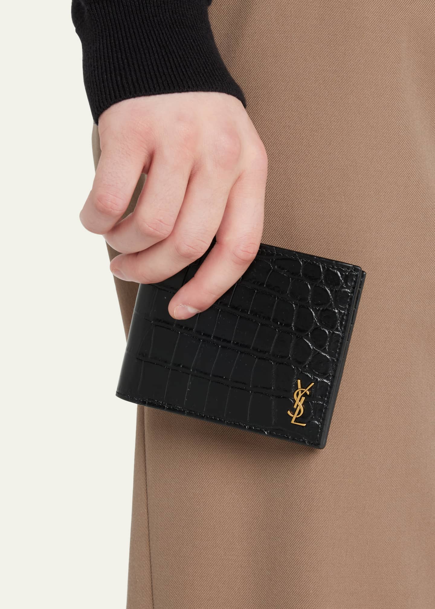 Saint Laurent East/West Croc Embossed Leather Bifold Wallet