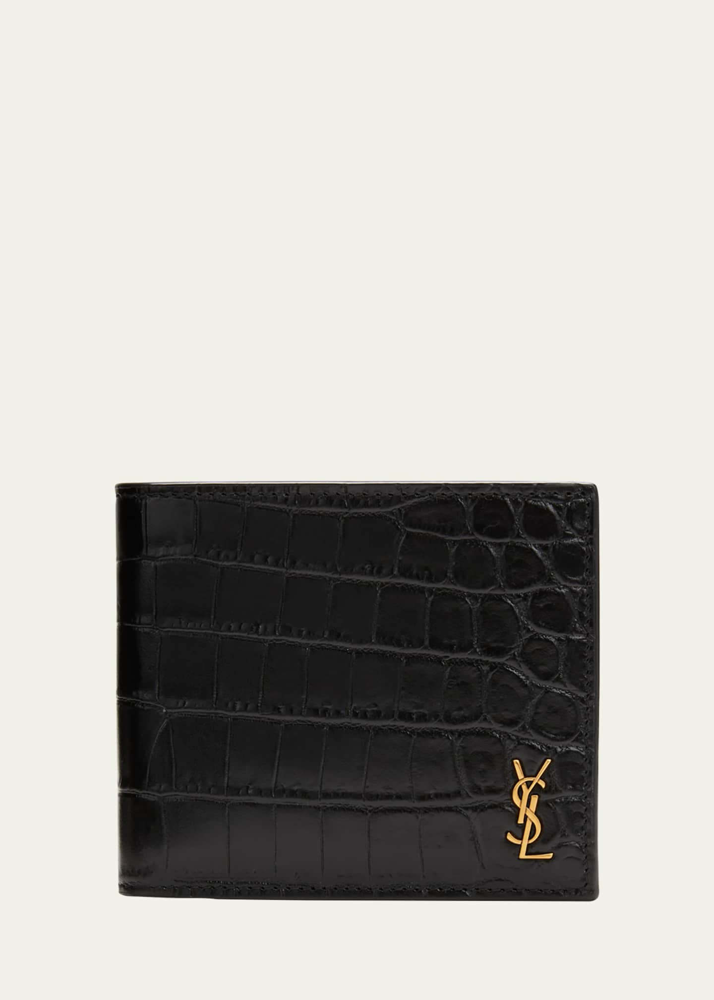 Saint Laurent YSL Monogram Croc-Embossed Leather Card Case, Black