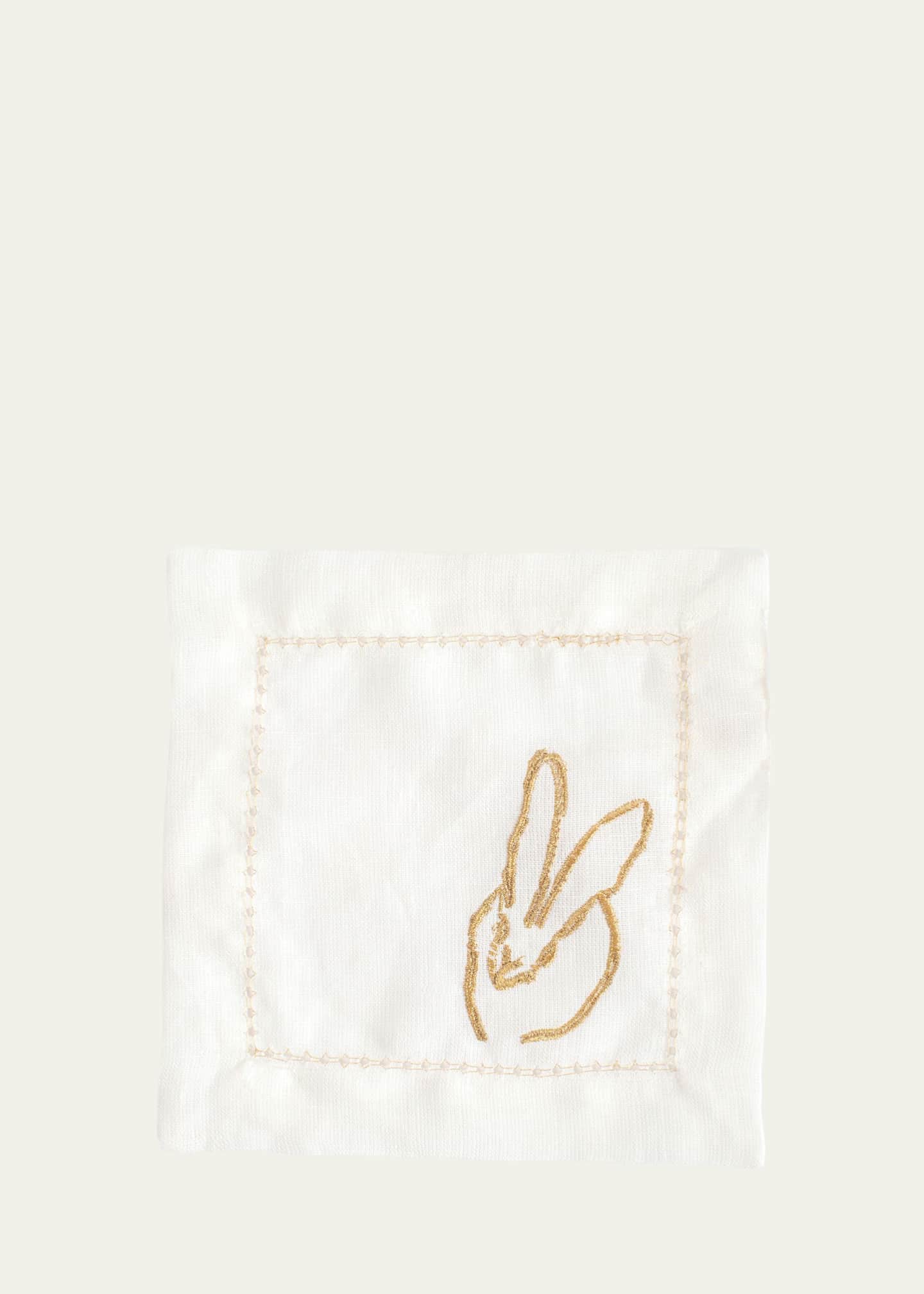 Hunt Slonem Embroidered Bunny Linen Cocktail Napkins - White/Gold