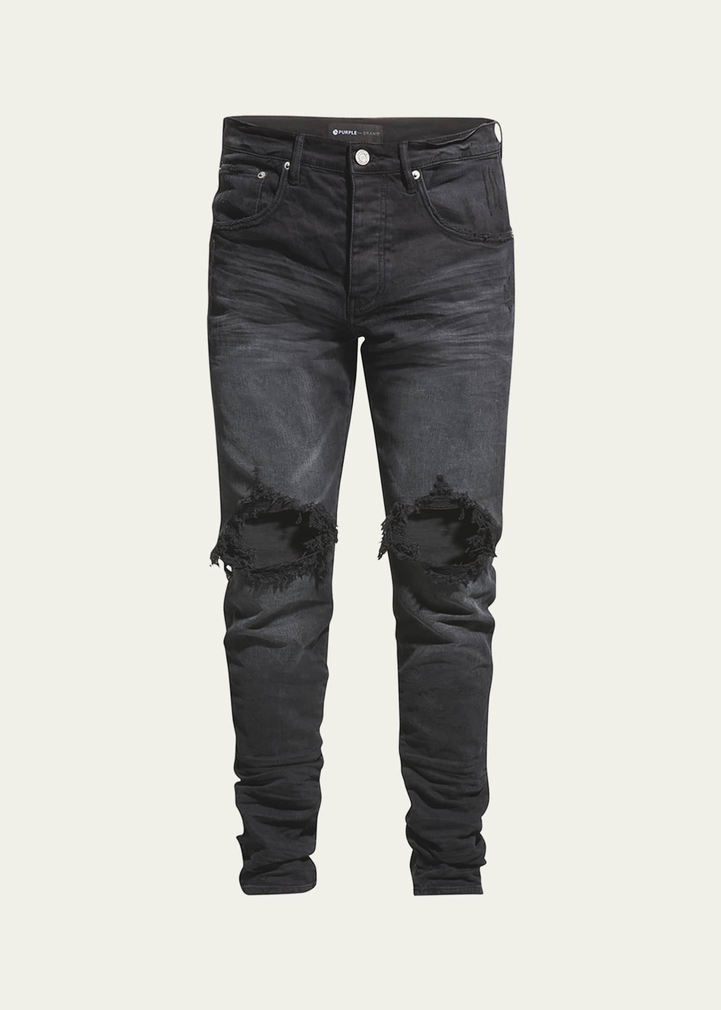 PURPLE Men's P002 Black Wash Blowout Slim Jeans Image 1 of 6