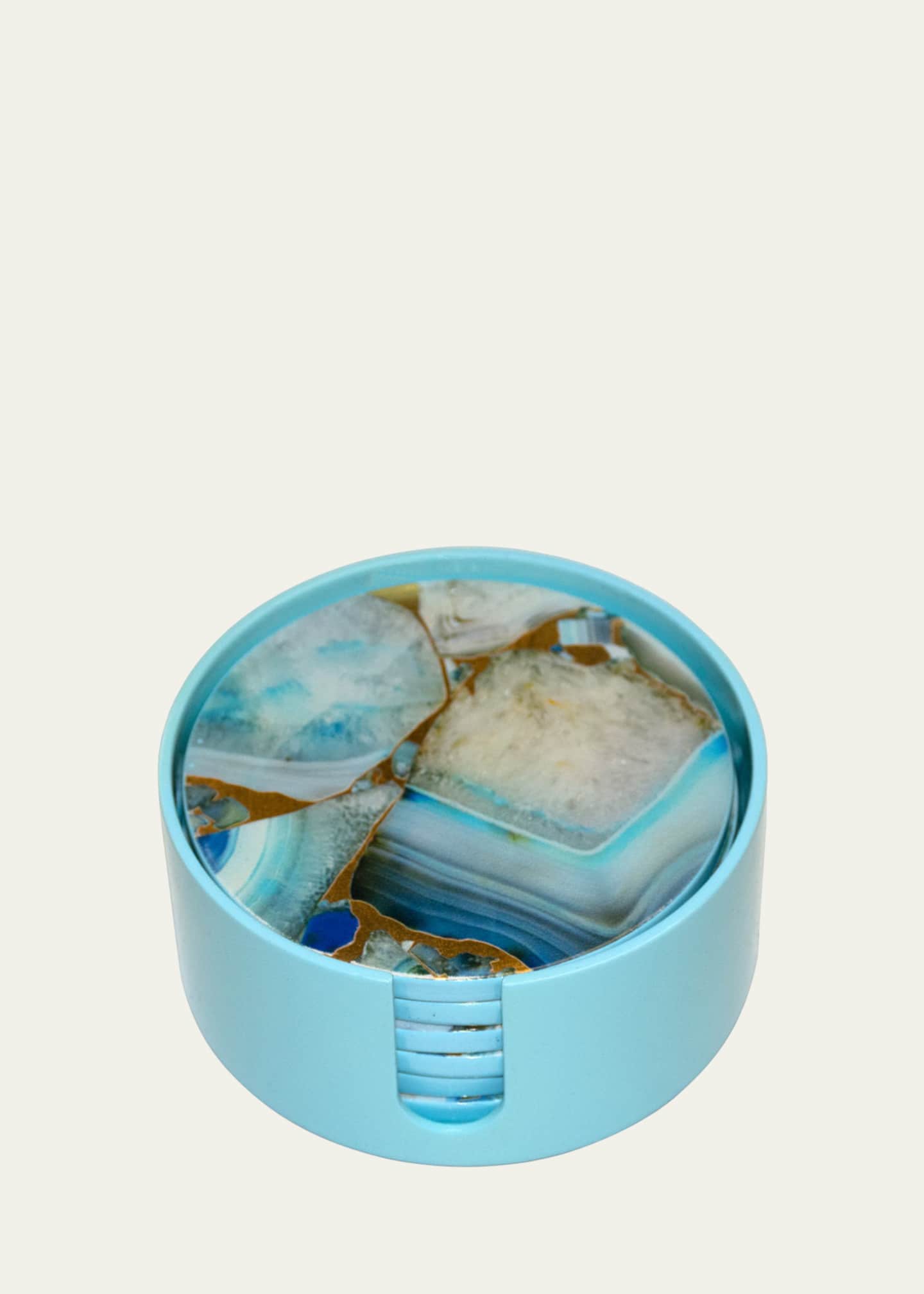 Nomi K Set Of 6 Blue Stone Round Lacquer Coasters With Holder