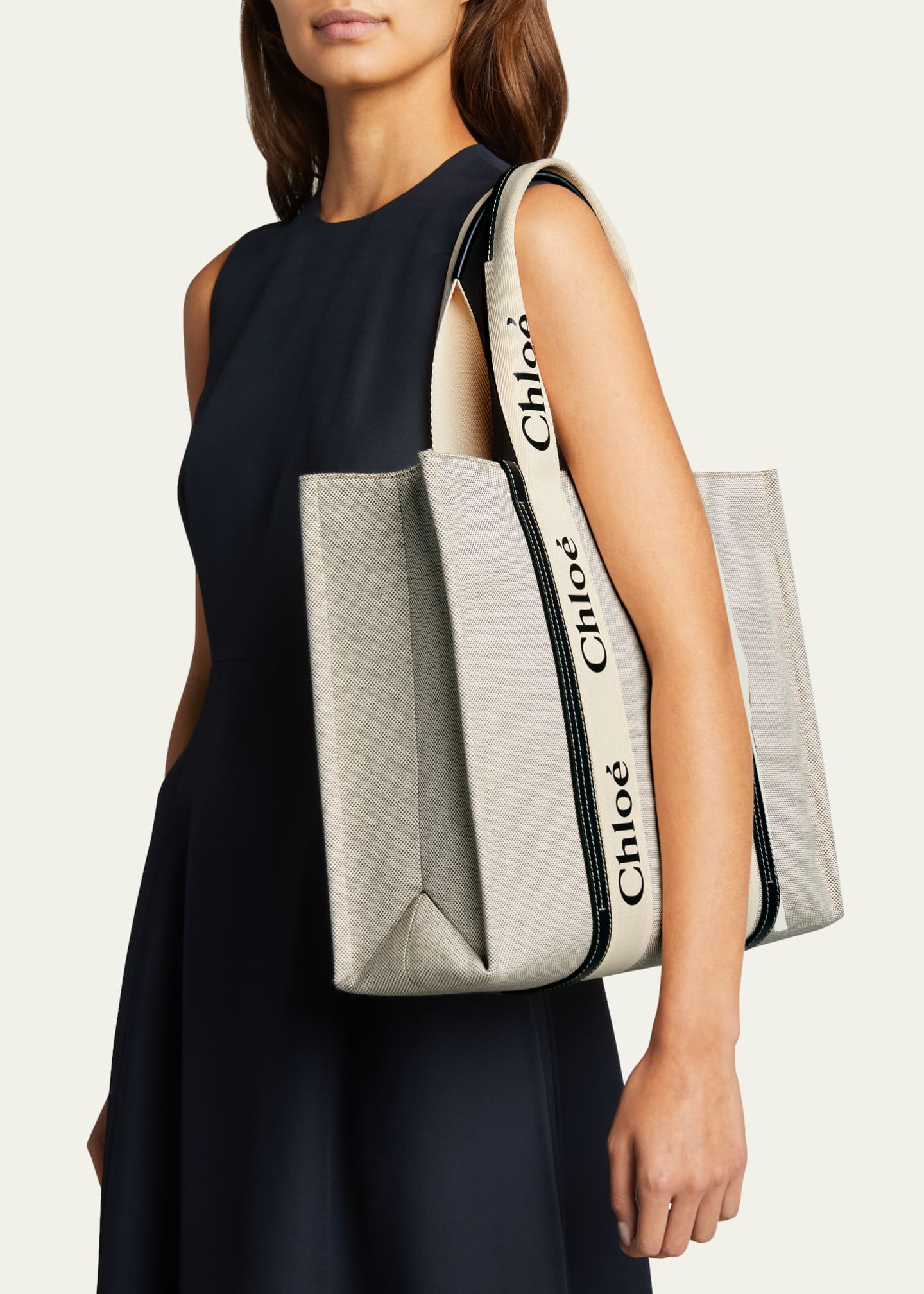 Chloe Woody Large Logo Canvas Shopper Tote Bag - Bergdorf Goodman
