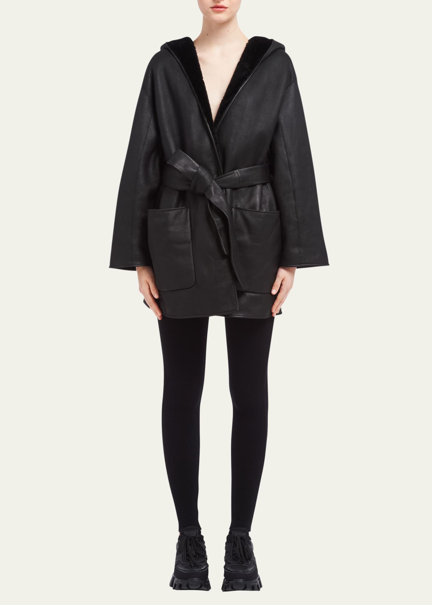 Prada Reversible Hooded Shearling Wrap Coat Image 1 of 5