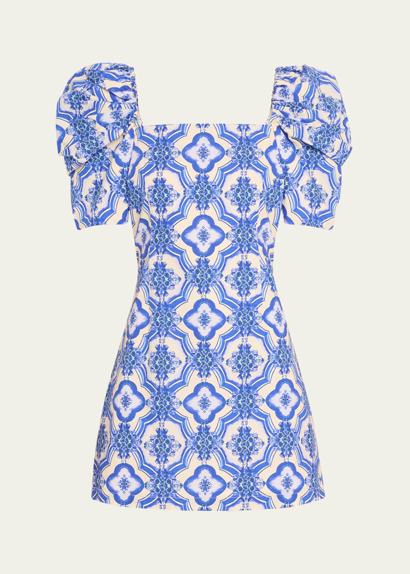 Cara Cara Kelly Blue Tile Print PuffSleeve Dress Bergdorf Goodman
