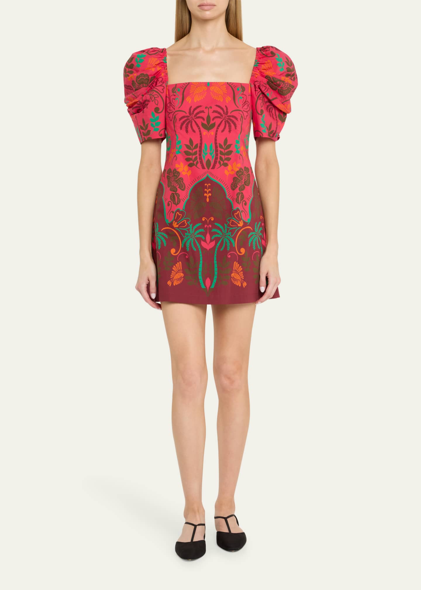 Cara Cara Kelly Blue Tile Print Puff-Sleeve Dress Image 2 of 5