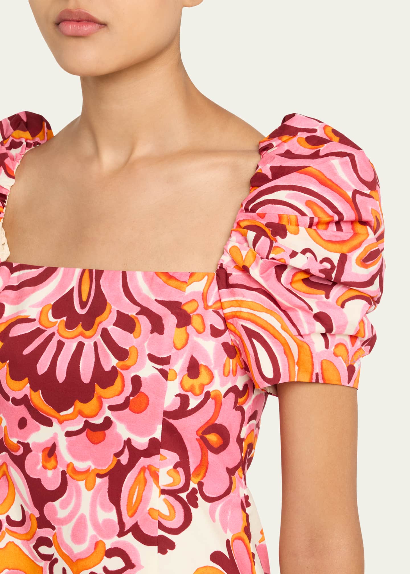 Kelly Blue Tile Print Puff-Sleeve Dress