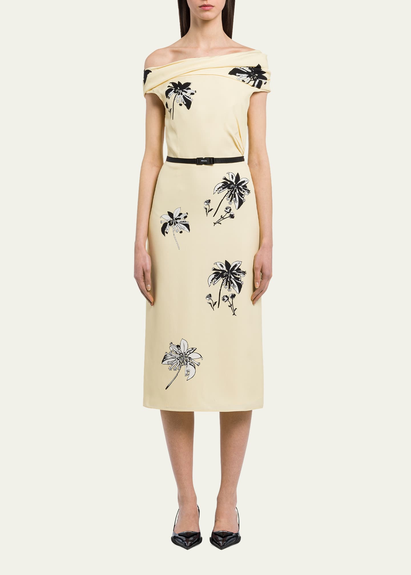 Prada Off-The-Shoulder Floral-Print Belted Midi Dress Image 2 of 5