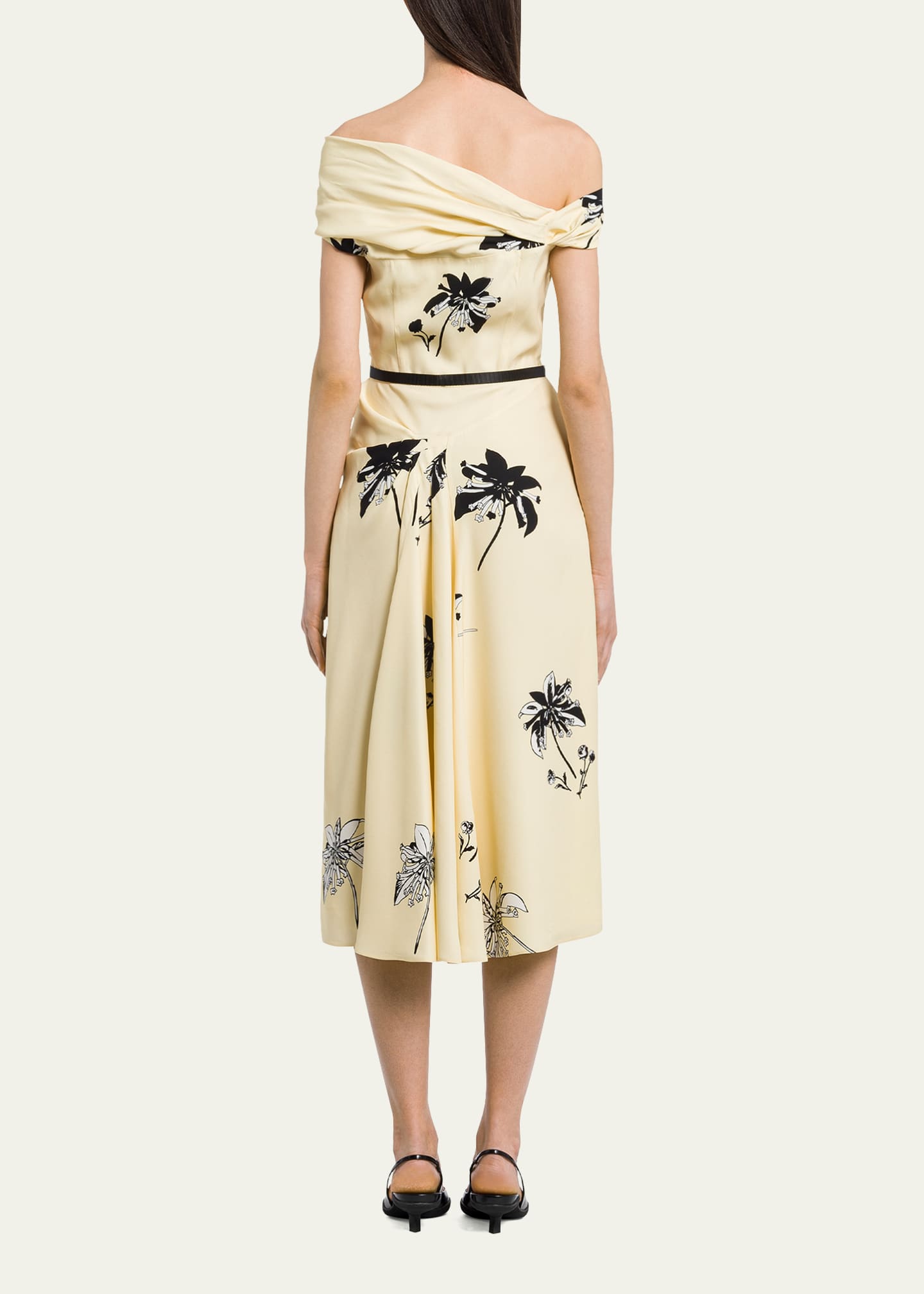 Prada Off-The-Shoulder Floral-Print Belted Midi Dress Image 3 of 5