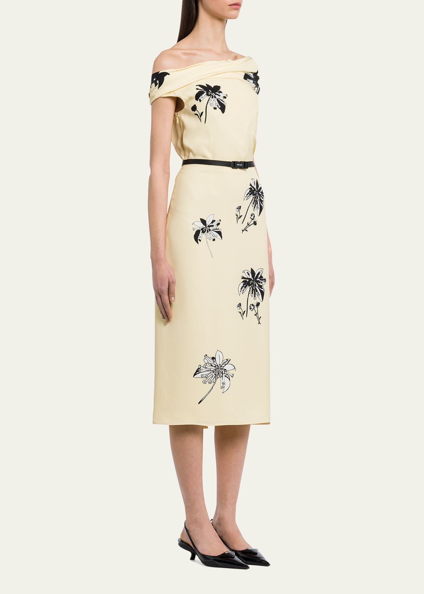 Prada Off-The-Shoulder Floral-Print Belted Midi Dress Image 4 of 5
