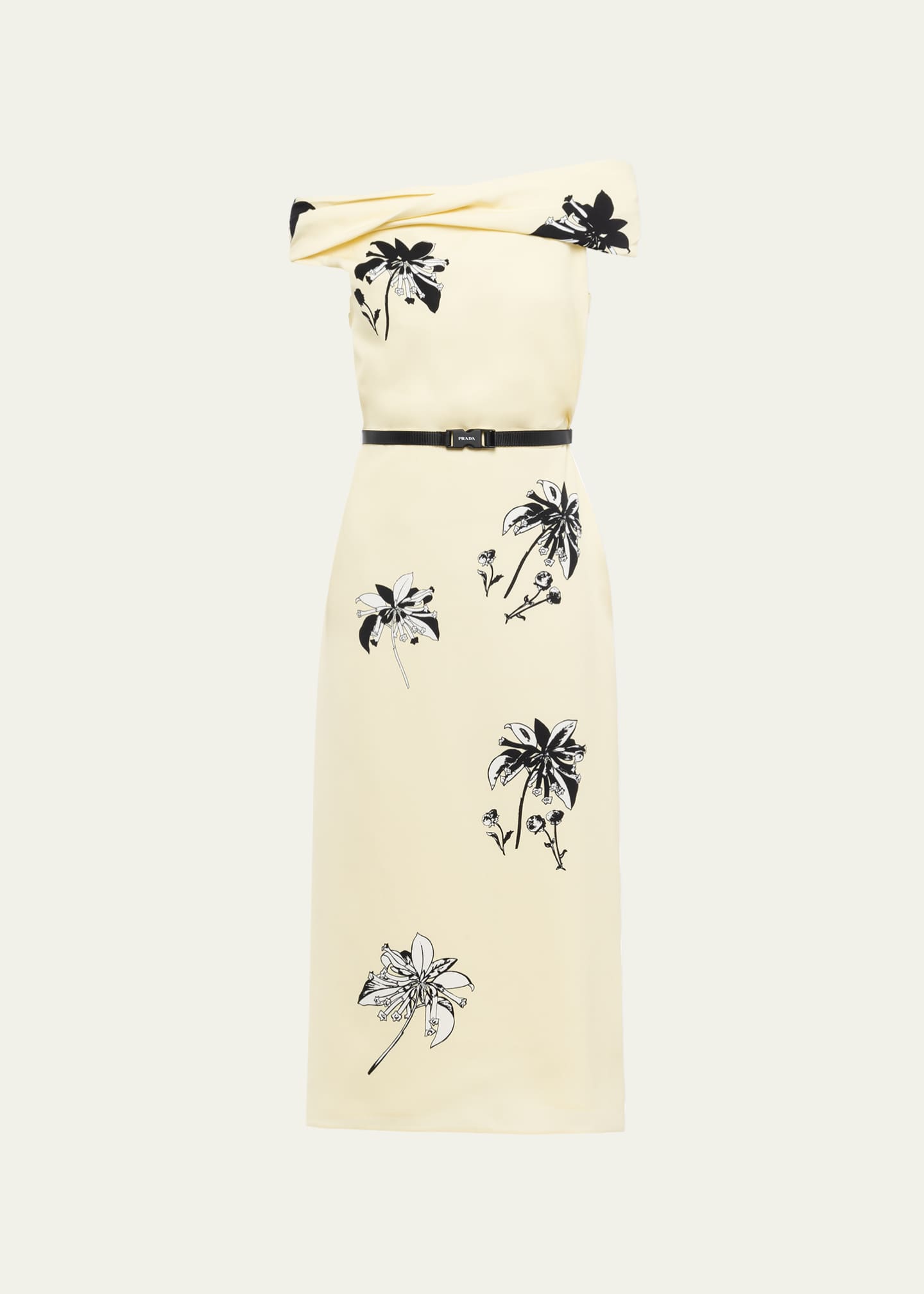 Prada Off-The-Shoulder Floral-Print Belted Midi Dress Image 1 of 5