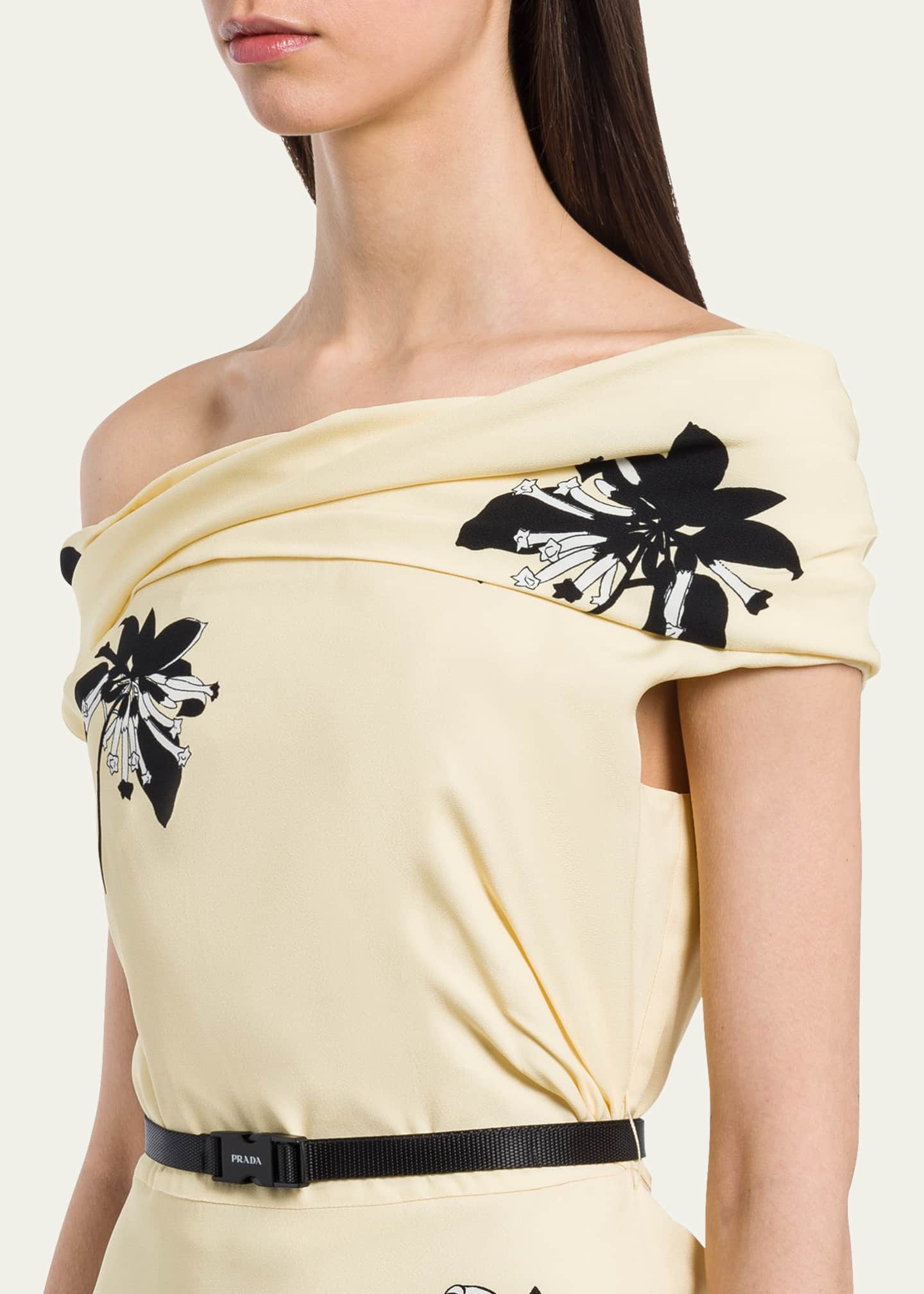 Prada Off-The-Shoulder Floral-Print Belted Midi Dress Image 5 of 5