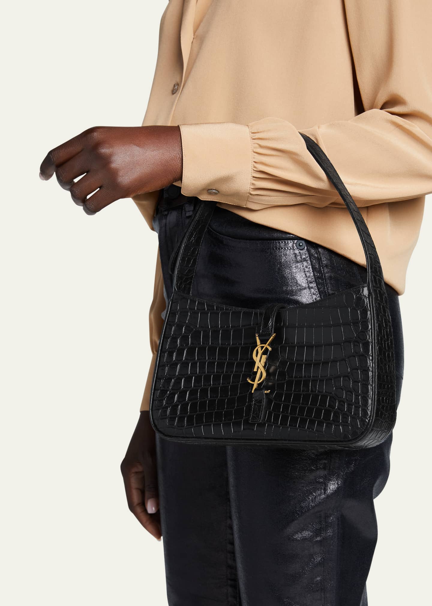 Saint Laurent YSL Croc Embossed Leather Shoulder Bag