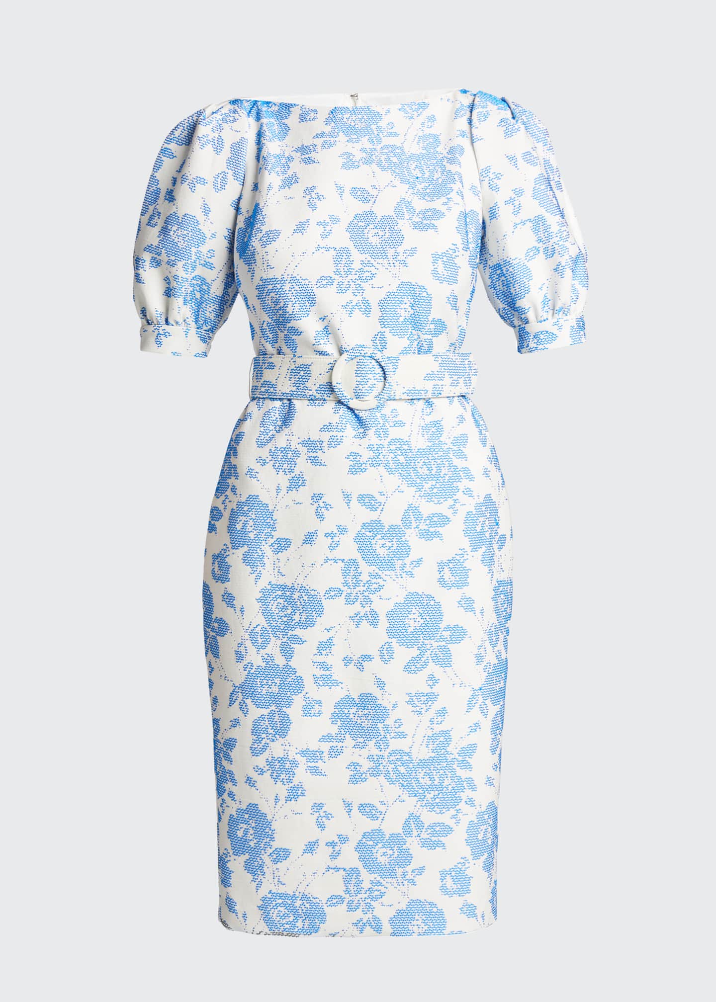 Badgley Mischka Collection Floral Jacquard PuffSleeve Belted Sheath