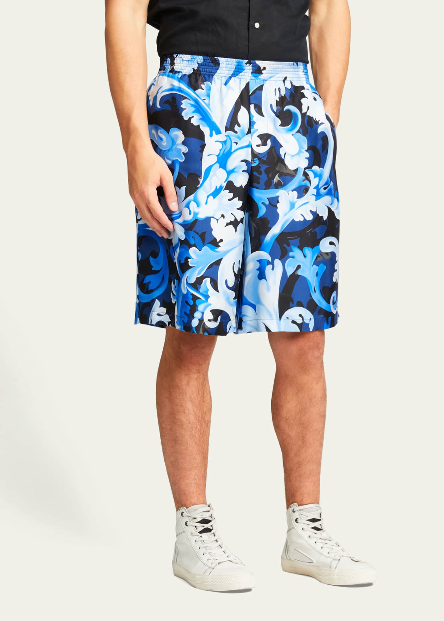Versace Men's Barocco Camo-Print Silk Shorts