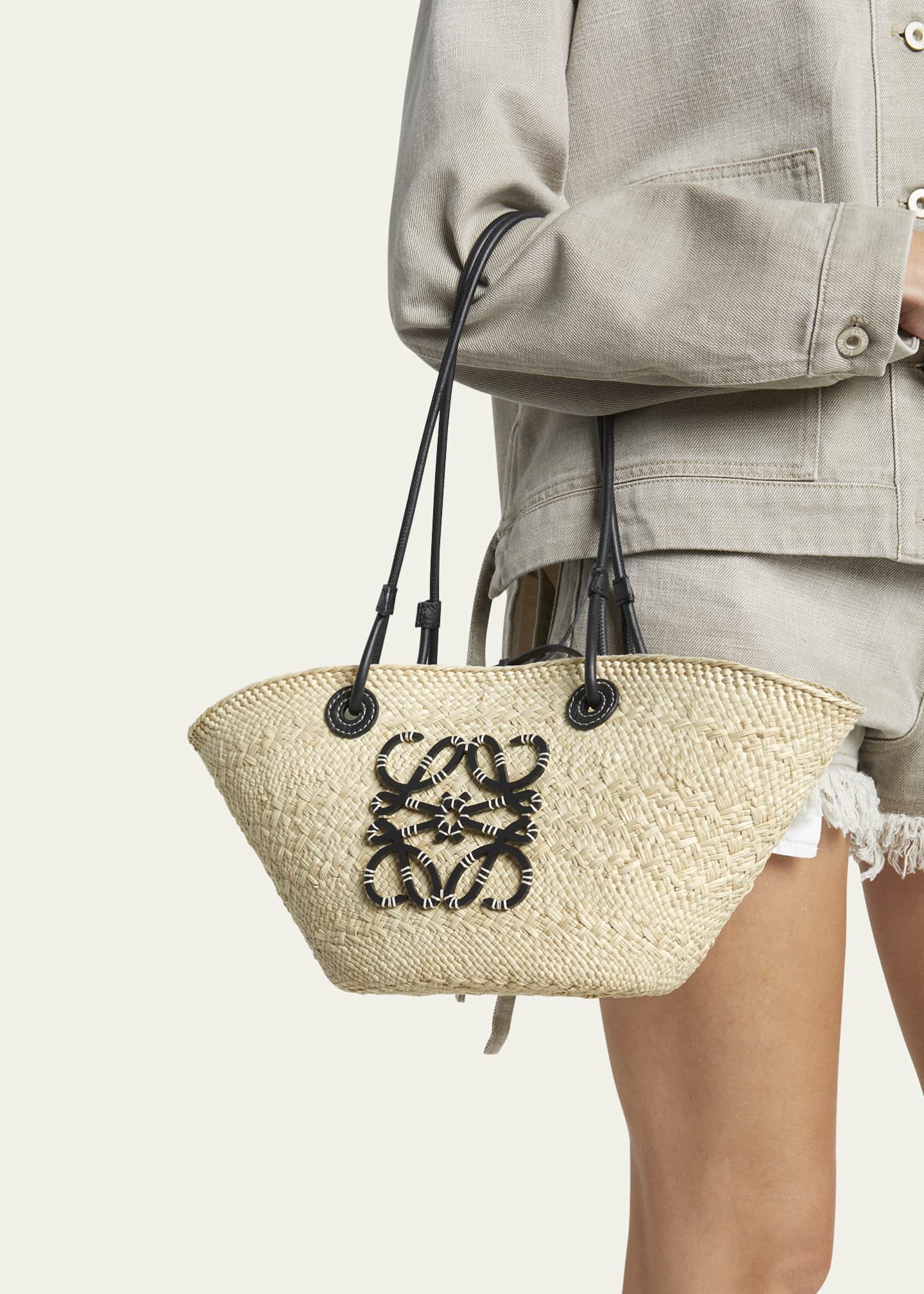 x Paula's Ibiza Anagram Small Basket Bag in Iraca Palm with Leather Handles