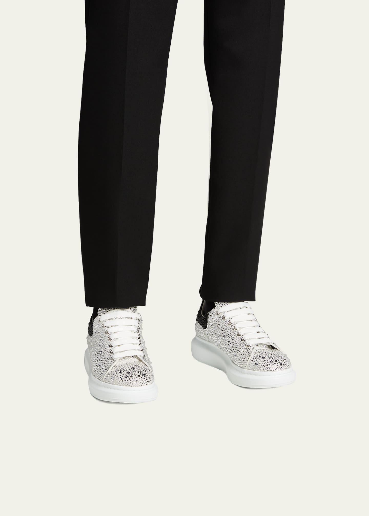 Alexander McQueen Men's Oversized Larry Allover Crystal Platform Sneakers White/Black