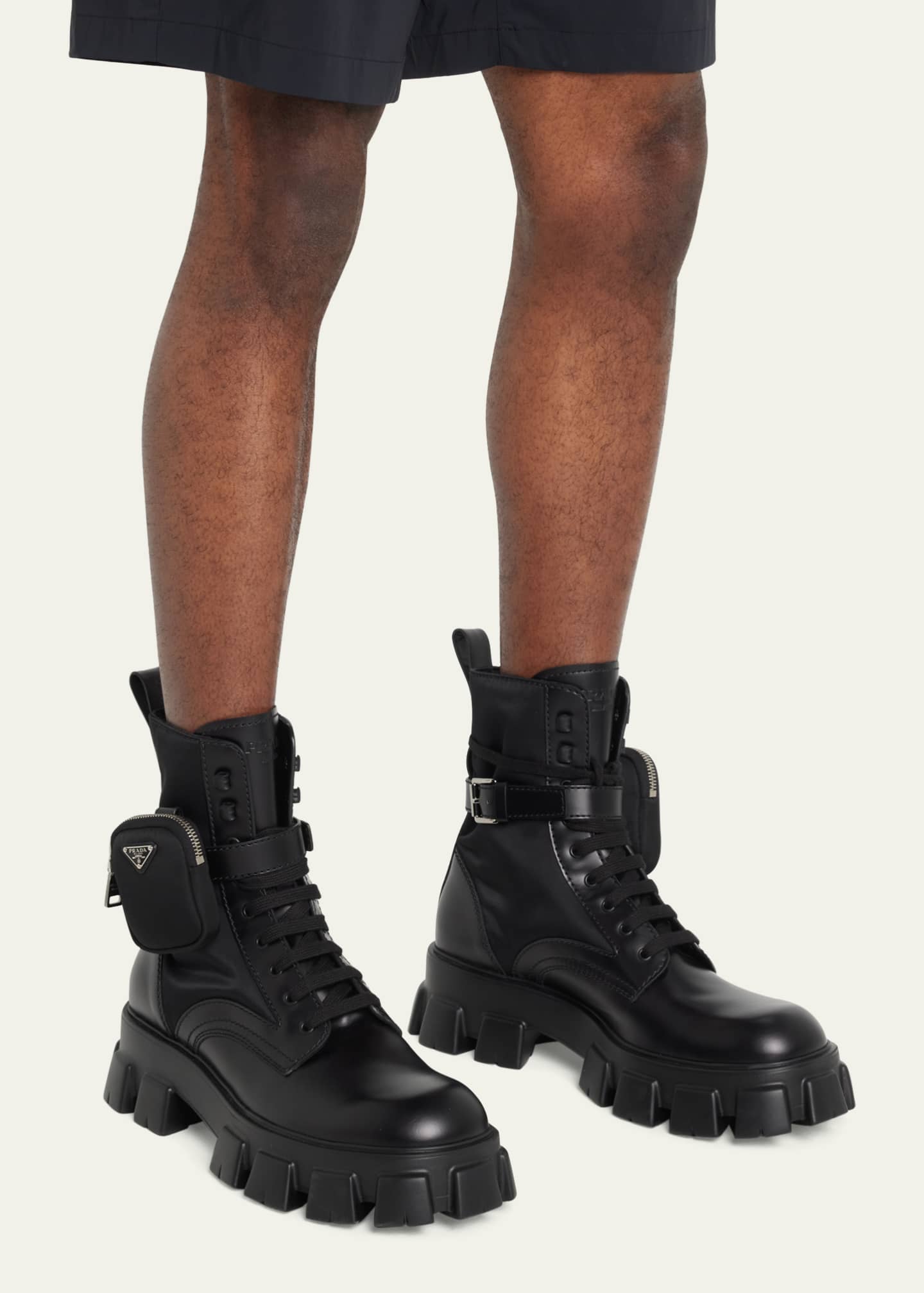 Prada Men's Re-Nylon & Leather Zip Pocket Combat Boots - Bergdorf Goodman