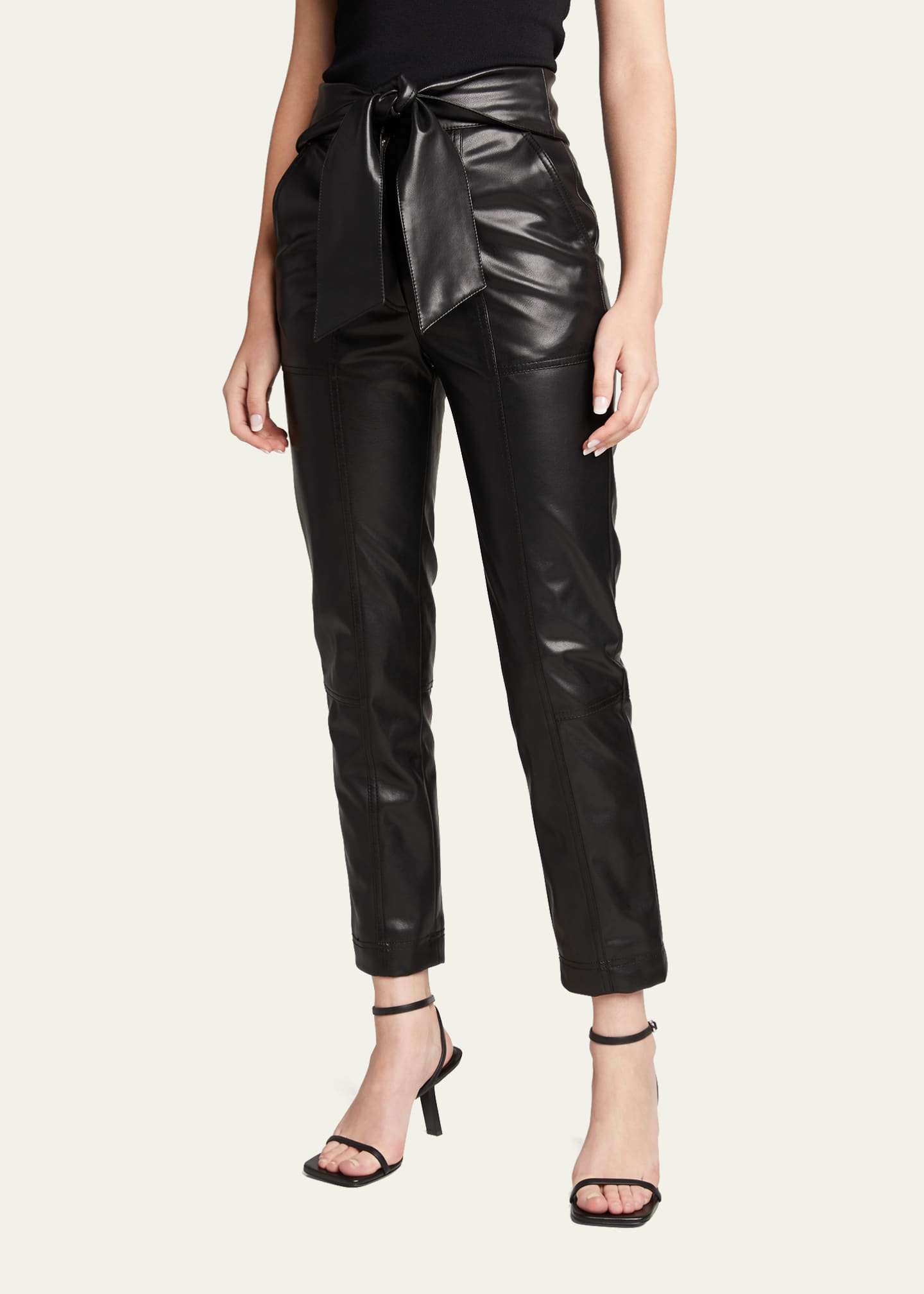 Vegan Faux Leather Paperbag Belted High-Waisted Black Pants