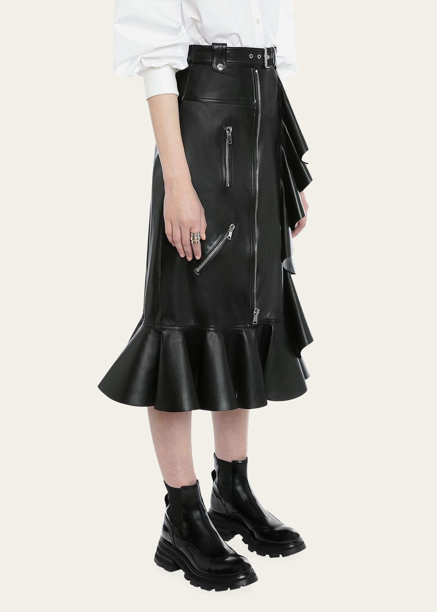 Alexander McQueen Leather Ruffle Belted Midi Skirt - Bergdorf Goodman