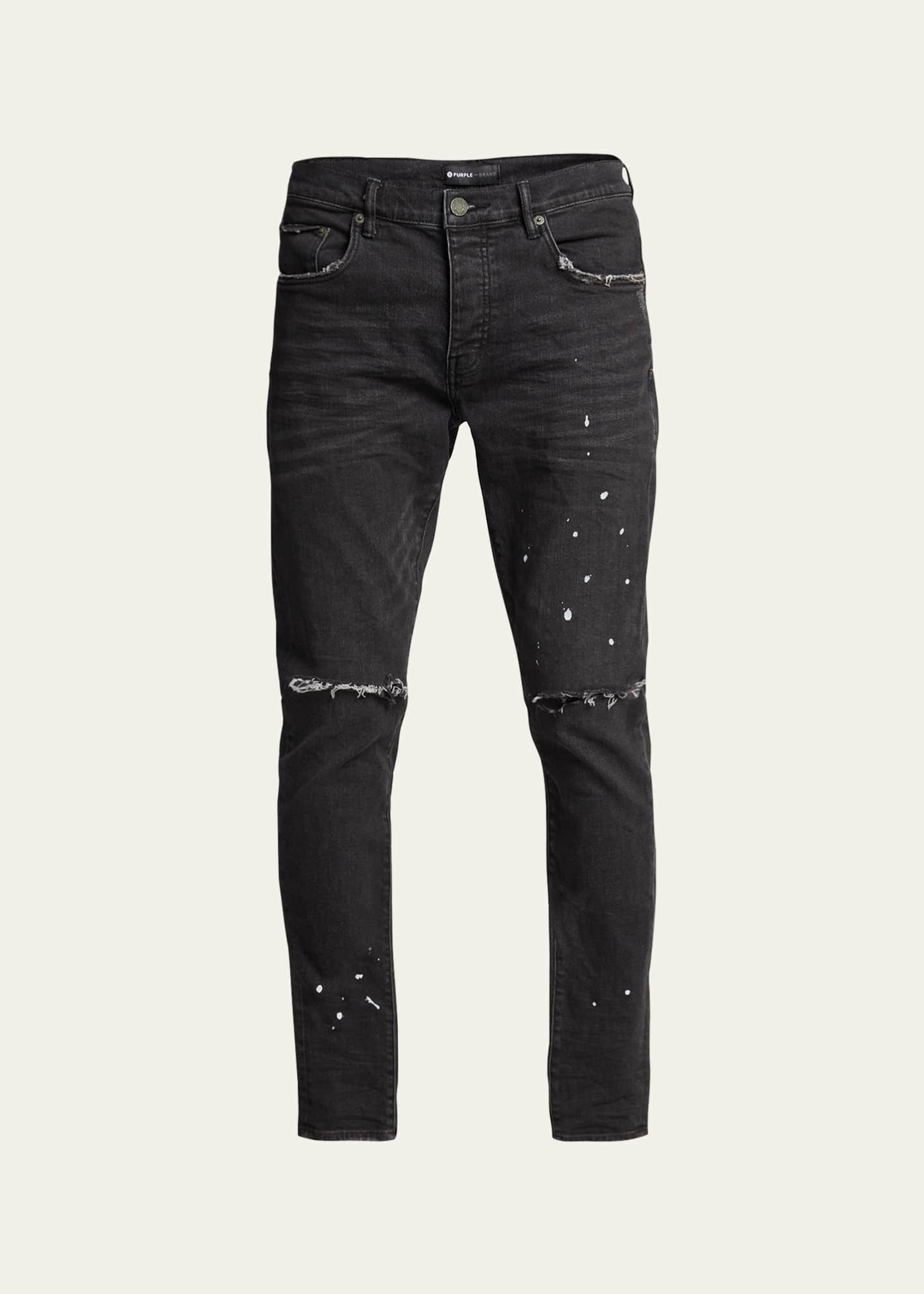 PURPLE Men's Distressed Paint-Splatter Slim Jeans - Bergdorf Goodman