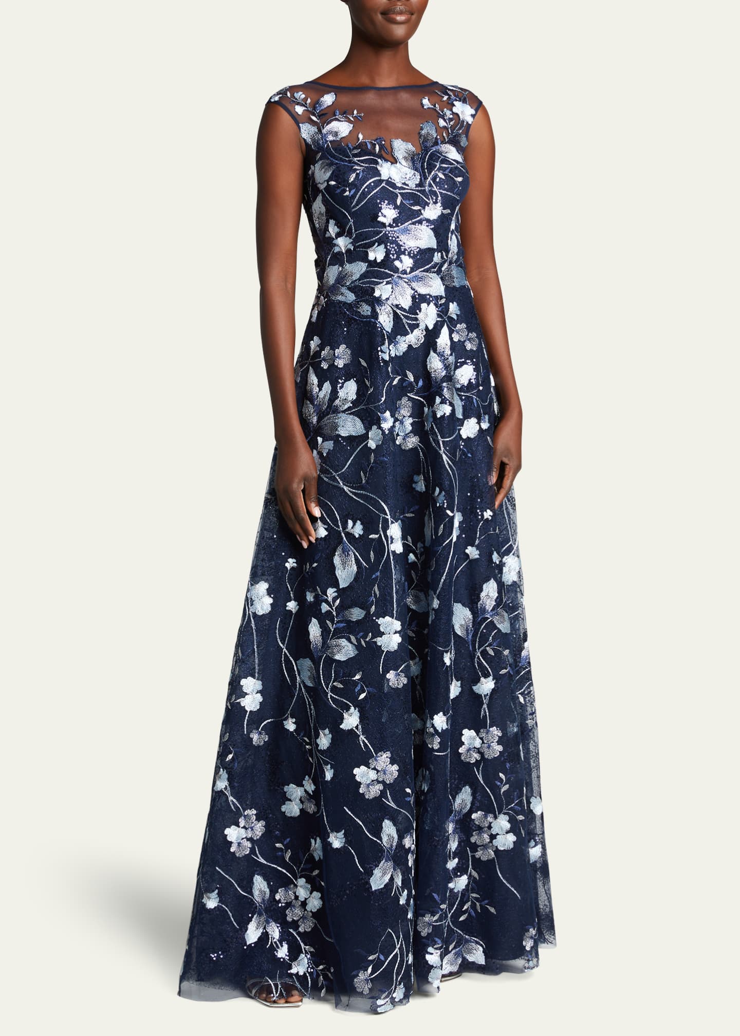 Rickie Freeman For Teri Jon Embroidered Mesh Gown - Navy Silver