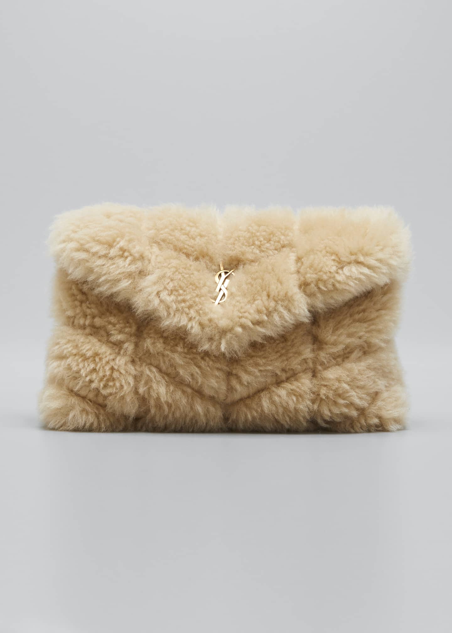 SAINT LAURENT Puffer Small Quilted Shearling Pouch Clutch Bag