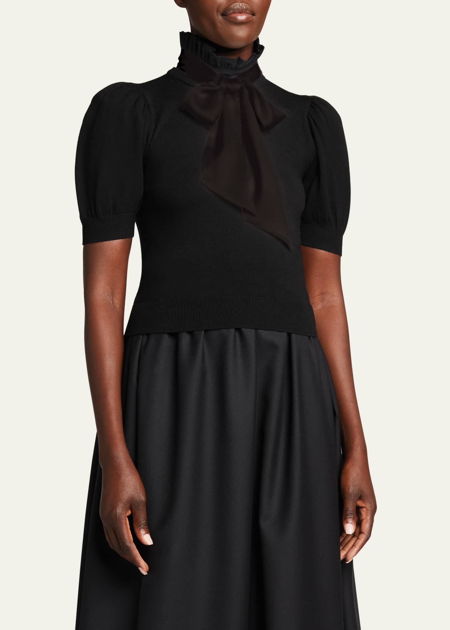 Alice + Olivia Chase Puff-Sleeve Ruffle-Neck Sweater
