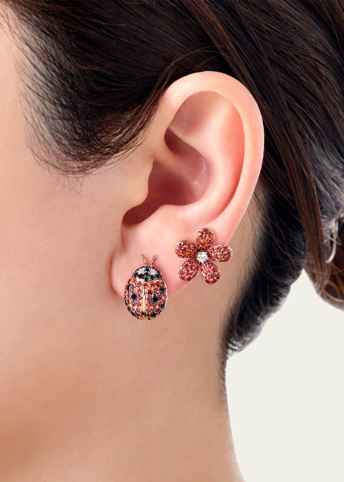 18k Yellow Gold Ladybug Earring With Black And White Diamonds And Orange Sapphire, Single