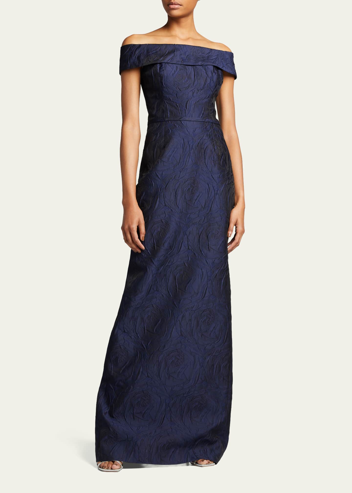 Rickie Freeman for Teri Jon Off Shoulder Jacquard Column Gown