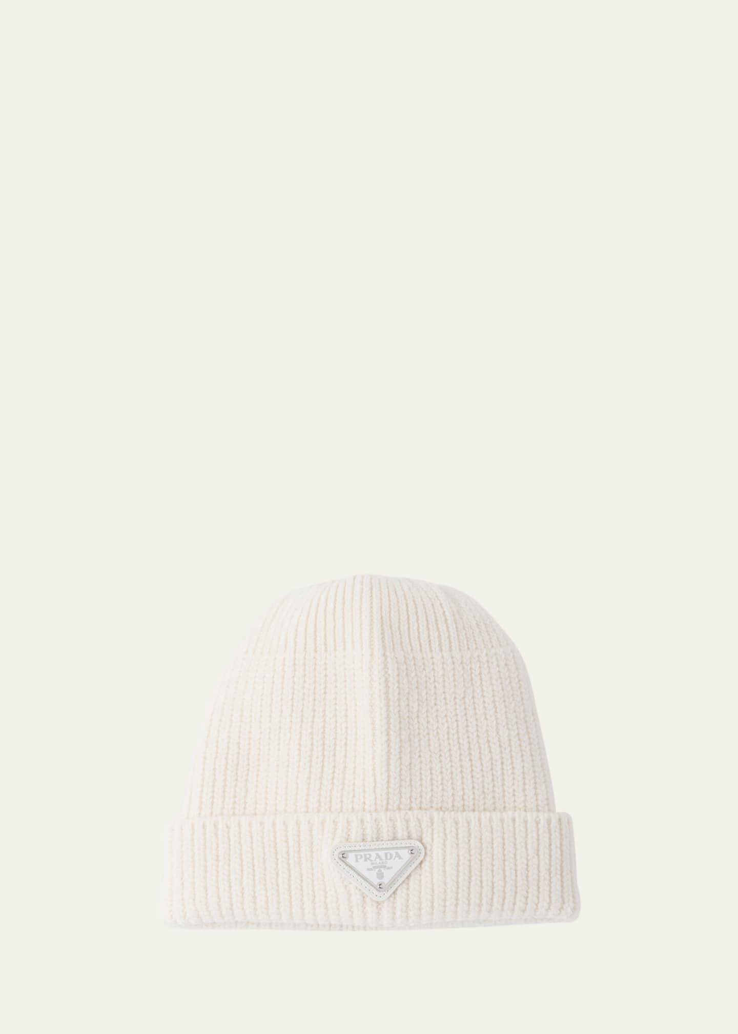 Prada Men's Wool-Cashmere Ribbed Beanie Hat with Symbole Image 1 of 2
