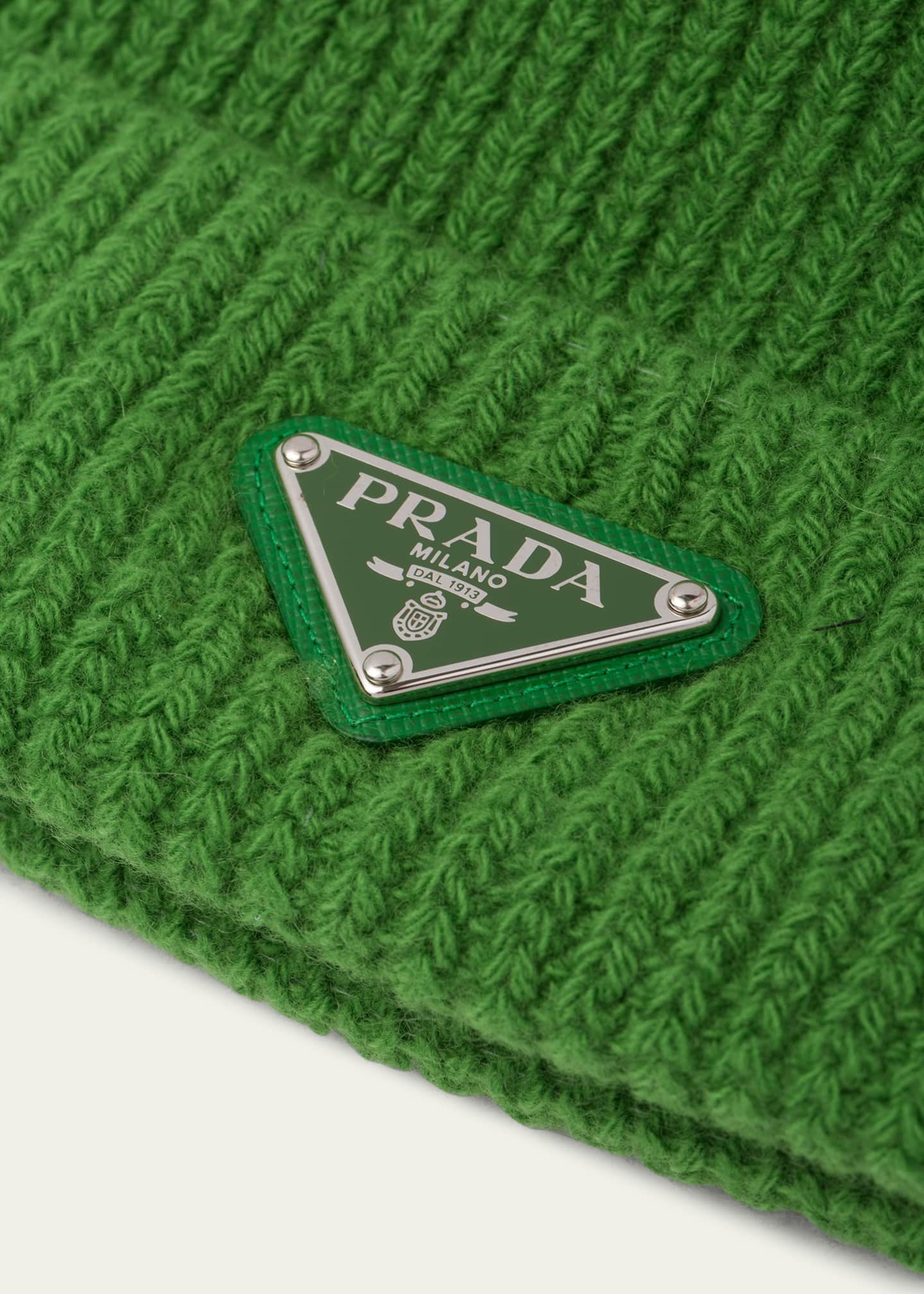 Prada Men's Wool-Cashmere Ribbed Beanie Hat with Symbole Image 2 of 2