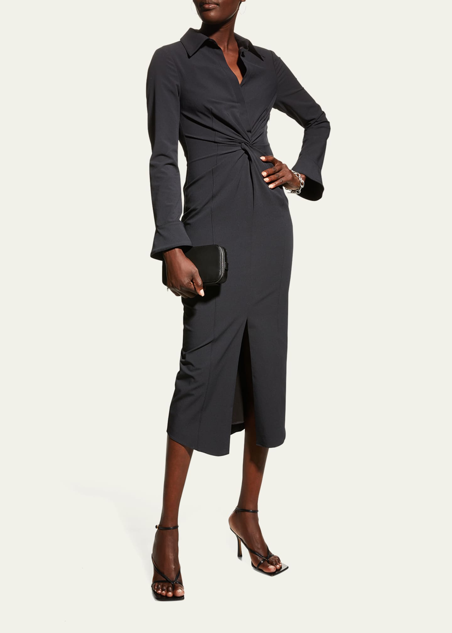 knee length dresses for ladies Chi Chi London Women's Short Sleeve Sheer Detail Dobby Midi Dress in Black main image 0