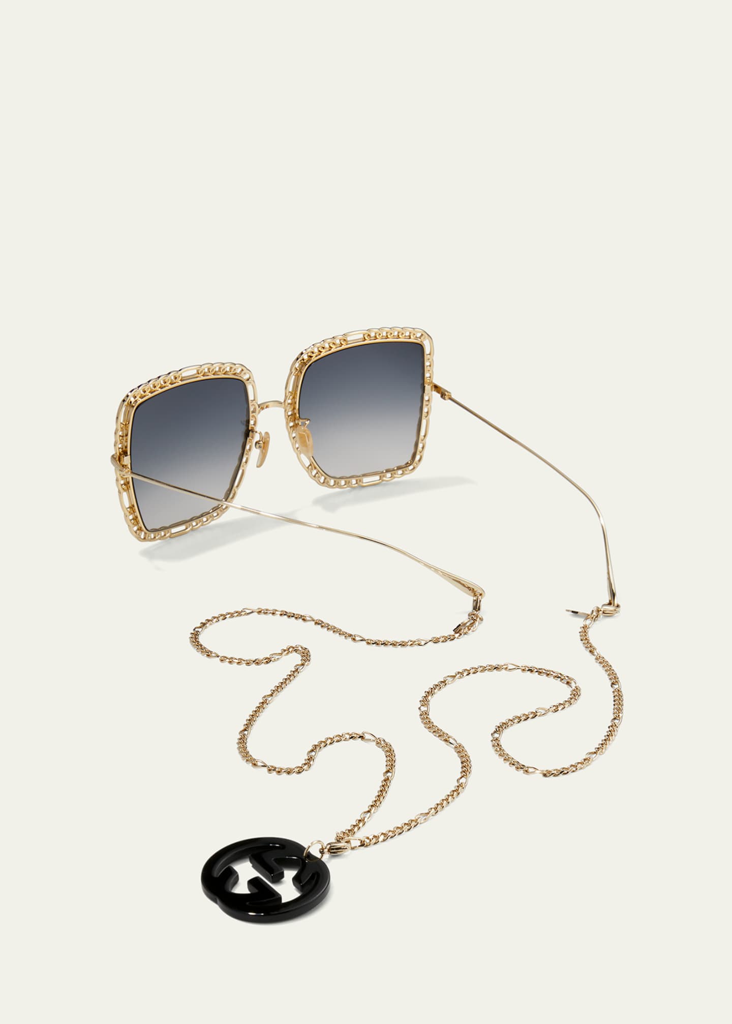 Gucci Square Metal Sunglasses w/ Chain Strap - Bergdorf Goodman