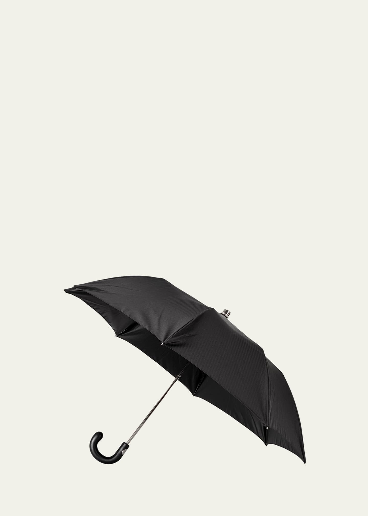 Bergdorf Goodman Men's Herringbone Folding Umbrella w/ Leather Handle