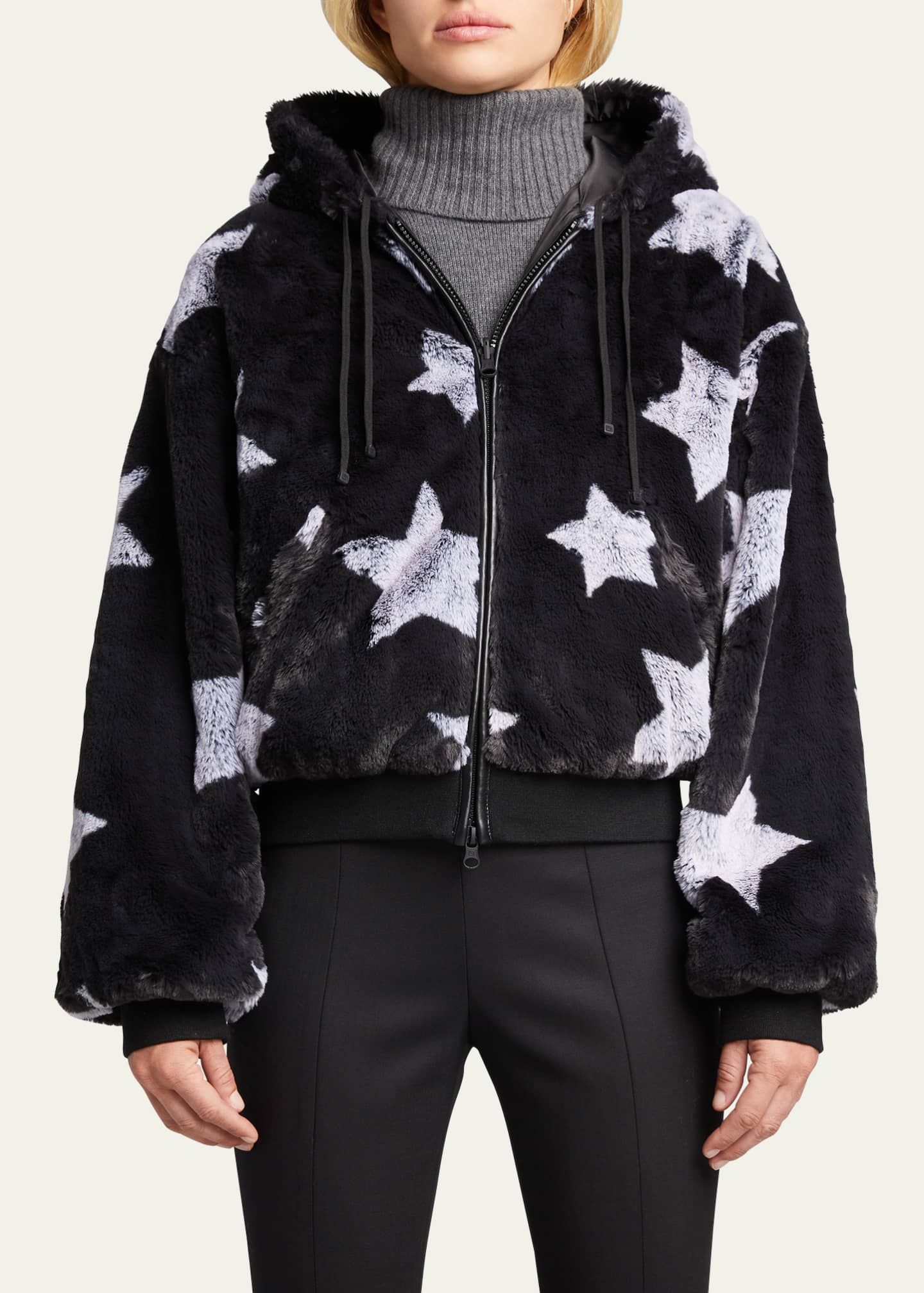 Blanc Noir Faux Fur Reversible Star Hoodie