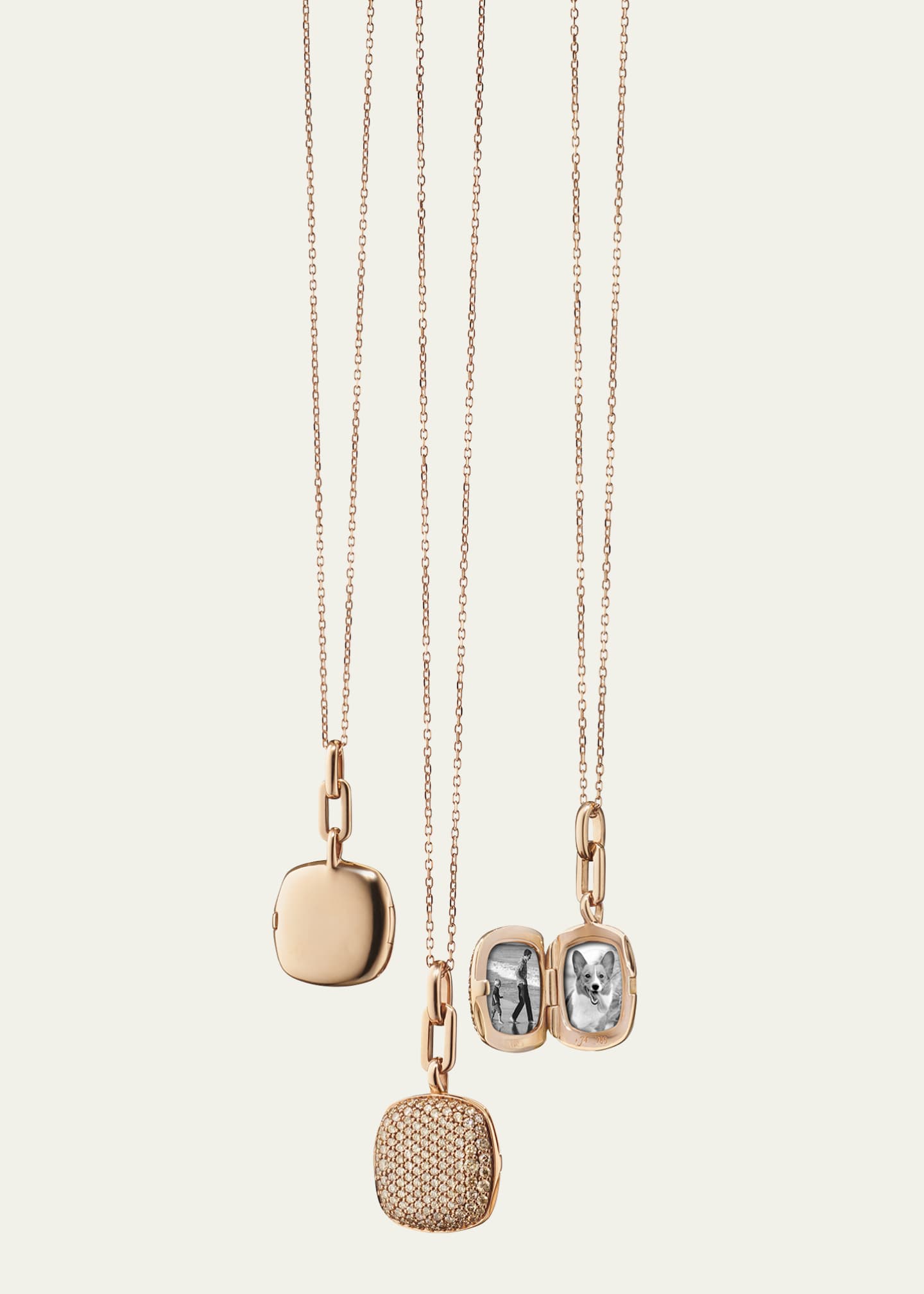 Monica Rich Kosann 18K Rose Gold Slim Cushion “Rae” Locket with Pavé Cognac Diamonds on Diamond-Cut Disappearing Chain