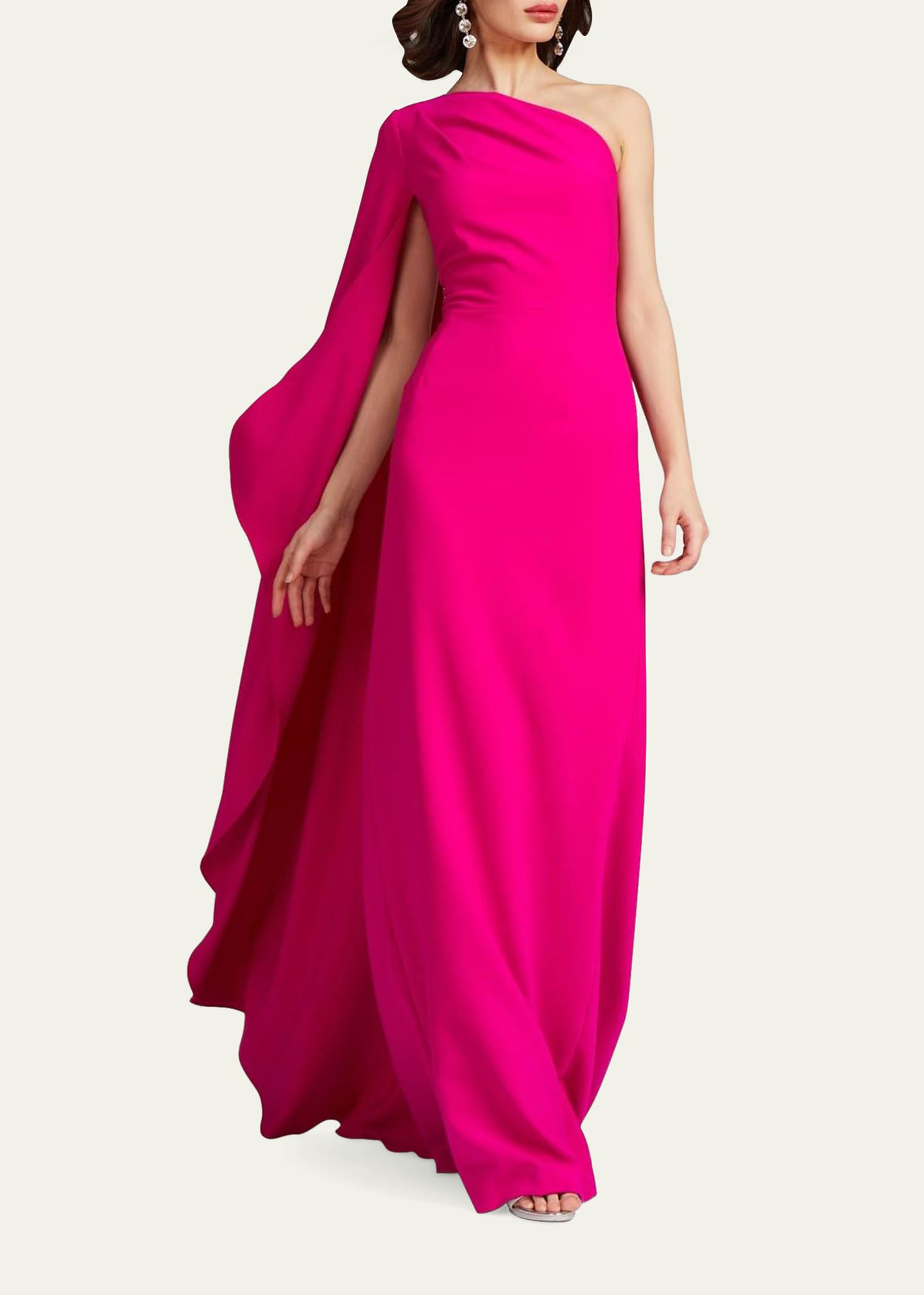 Rickie Freeman for Teri Jon Cape-Sleeve One-Shoulder Crepe Gown