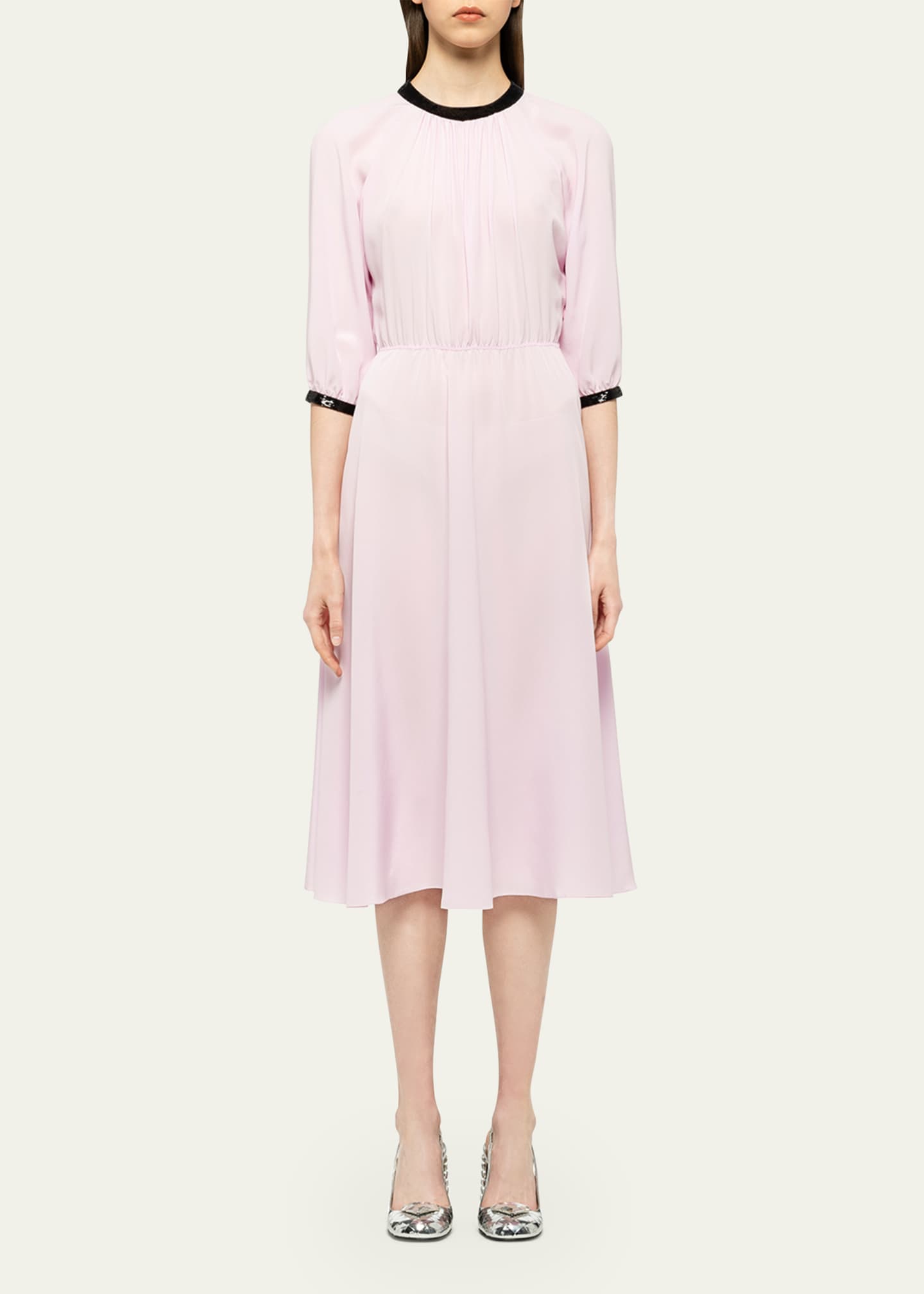 Prada Pleated Crepe Midi Dress w/ Contrast Sequined Trim Image 2 of 5