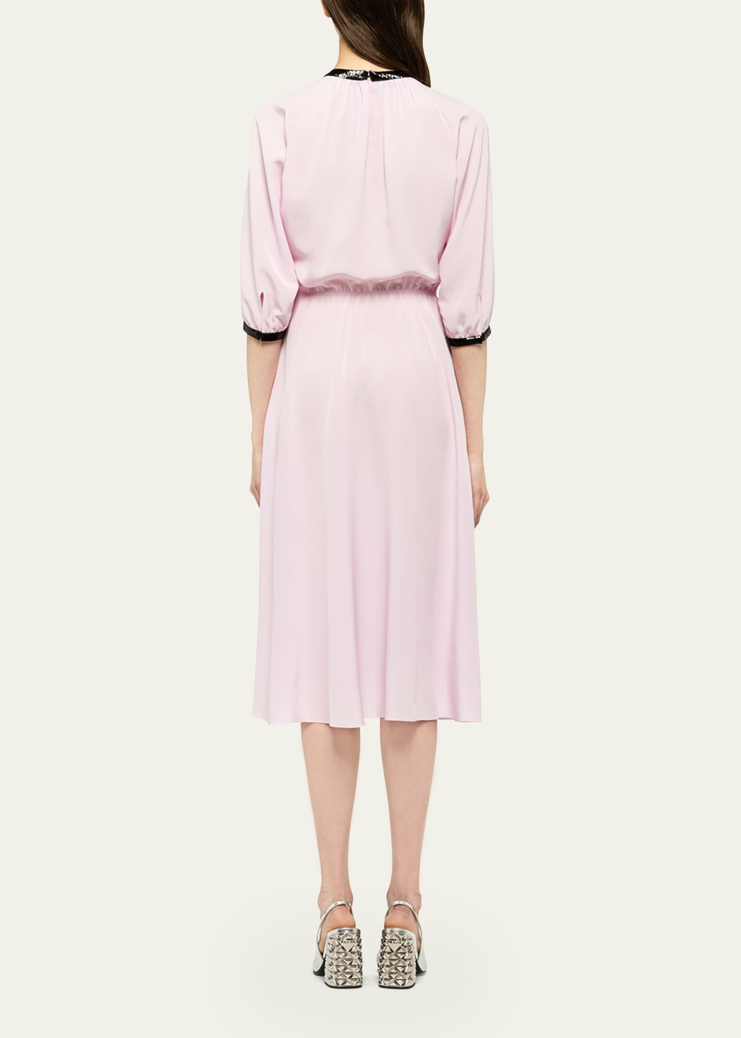 Prada Pleated Crepe Midi Dress w/ Contrast Sequined Trim Image 3 of 5
