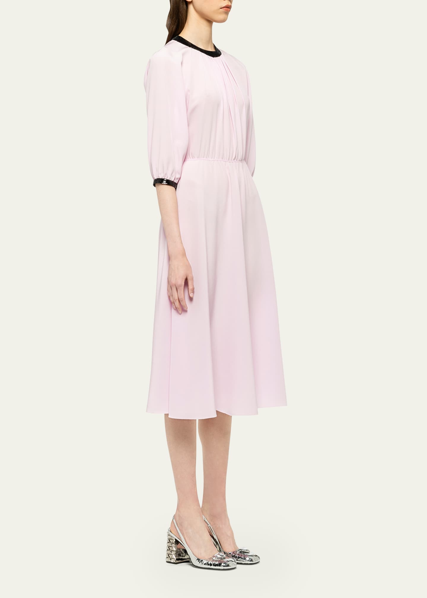 Prada Pleated Crepe Midi Dress w/ Contrast Sequined Trim Image 4 of 5