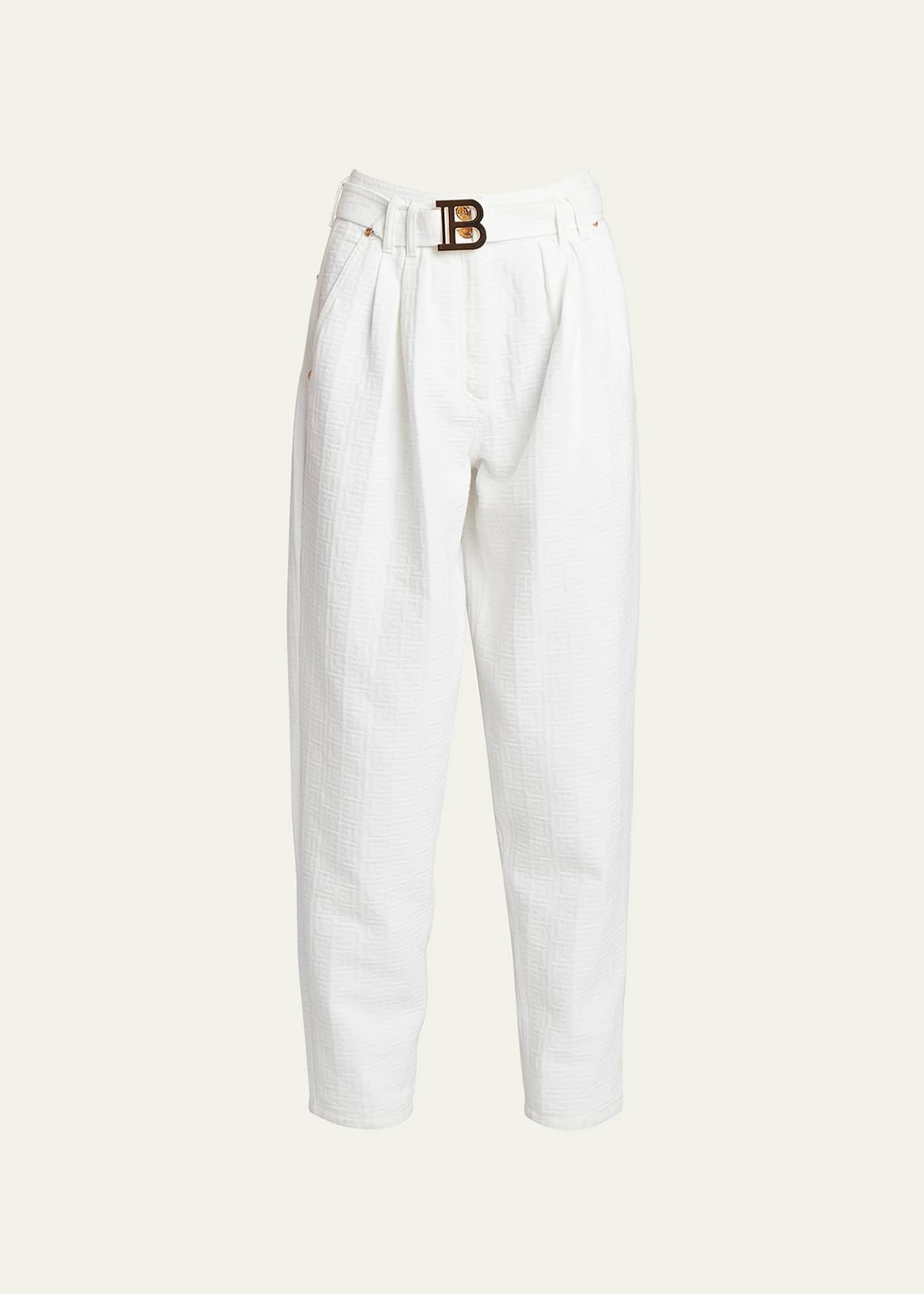 Balmain Pleated Monogram Belted Straight-Leg Pants - Bergdorf Goodman