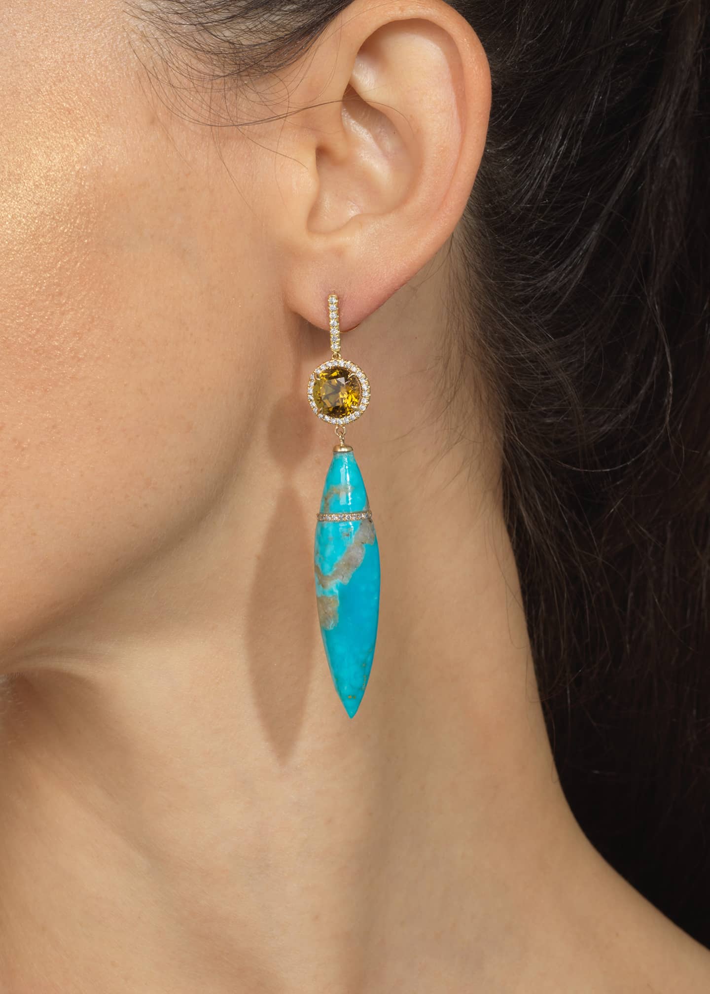 Emily P. Wheeler 18K Yellow Gold Persian Turquoise Earrings with Andradite Garnets and Diamonds Image 2 of 2