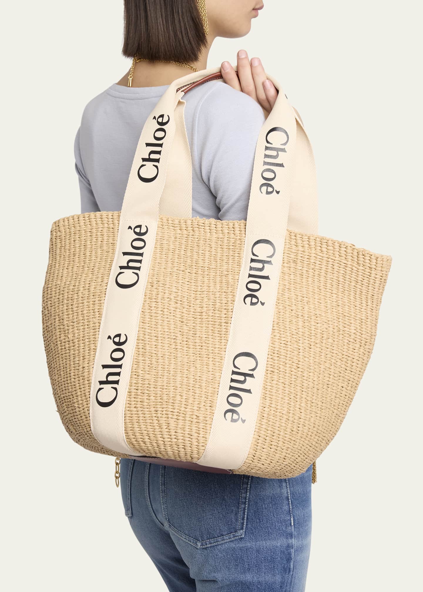 Chloe Woody Large Mifuko Basket Bag in Fair Trade Paper Embellished with Linen Image 2 of 5