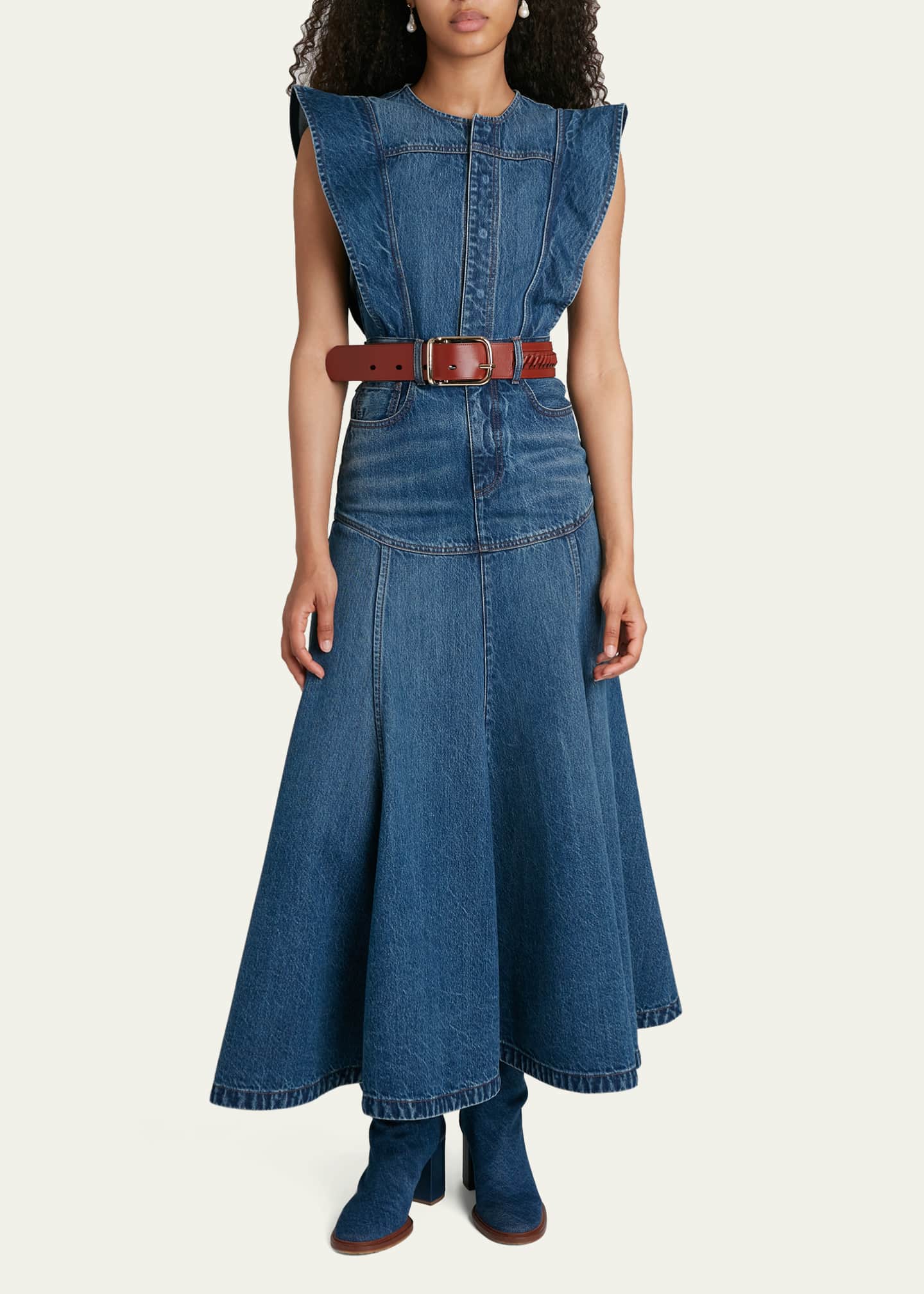 Chloe Denim Flared Basque CapSleeve Midi Dress Bergdorf Goodman
