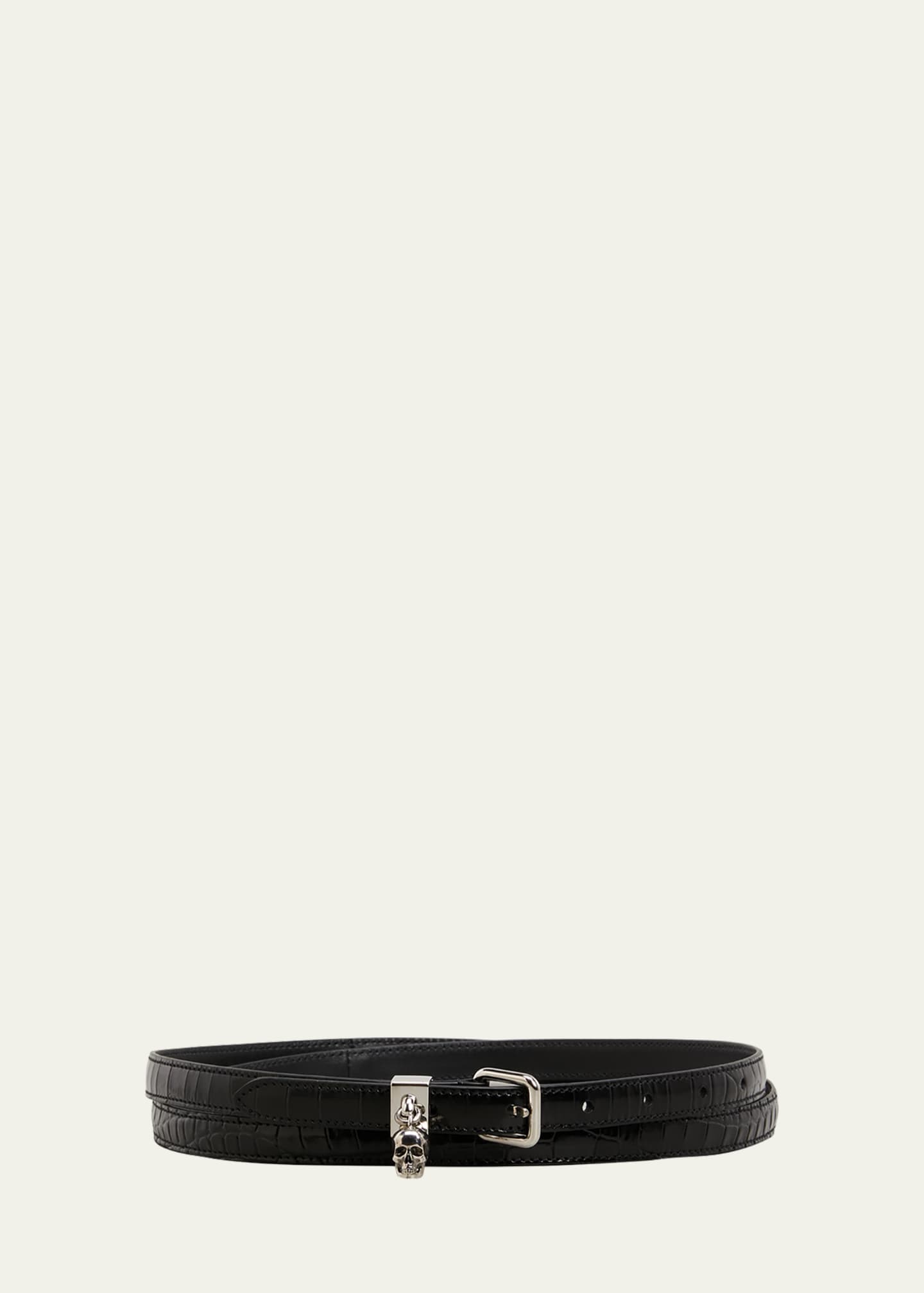 Alexander McQueen Crocodile Embossed Leather Double Thin Belt