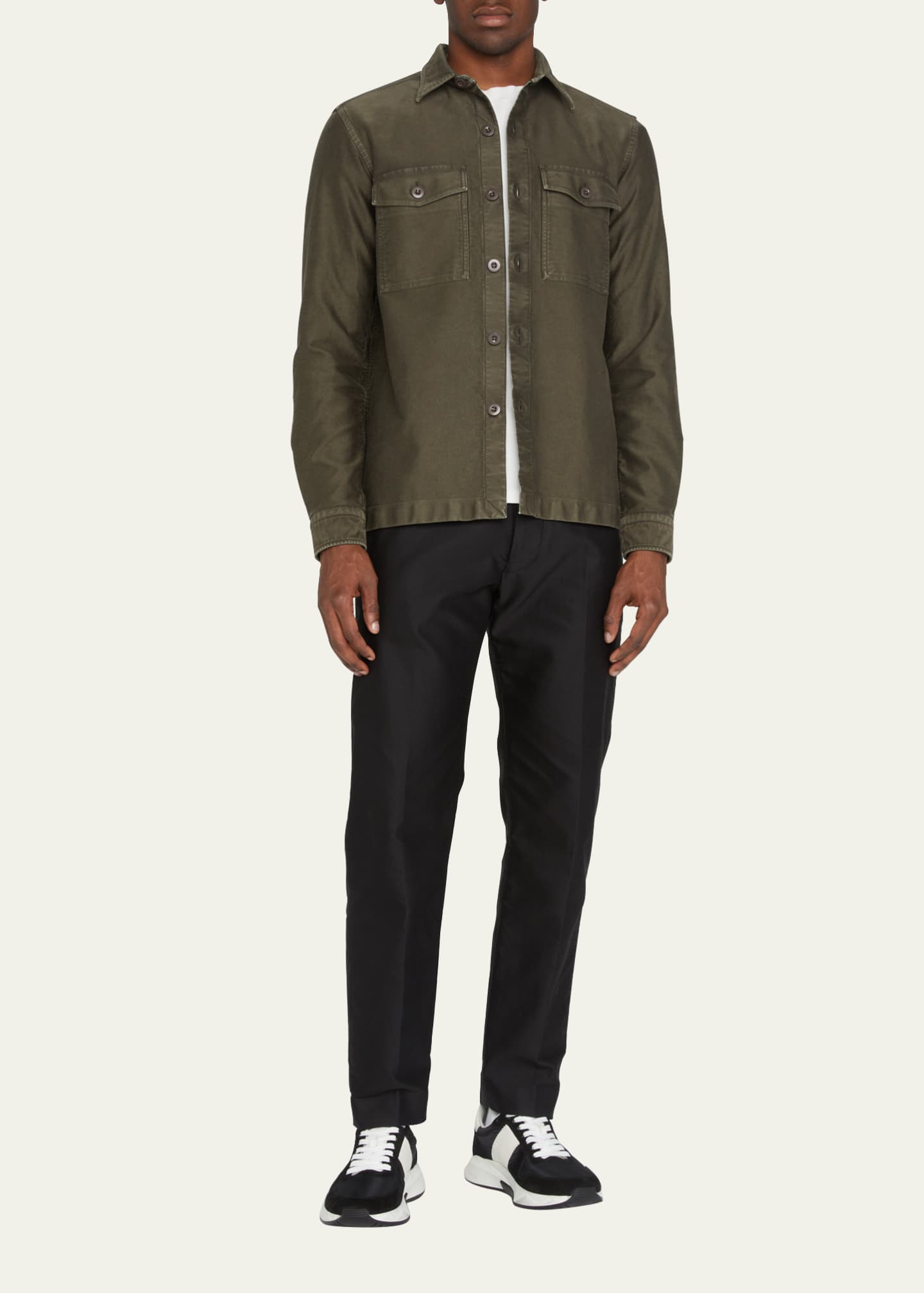 Tom Ford Men's Military Garment-Dyed Overshirt, MD GRN Sld, Men's, 15.5, Shirts Tops Overshirts \u0026 Shirt Jackets