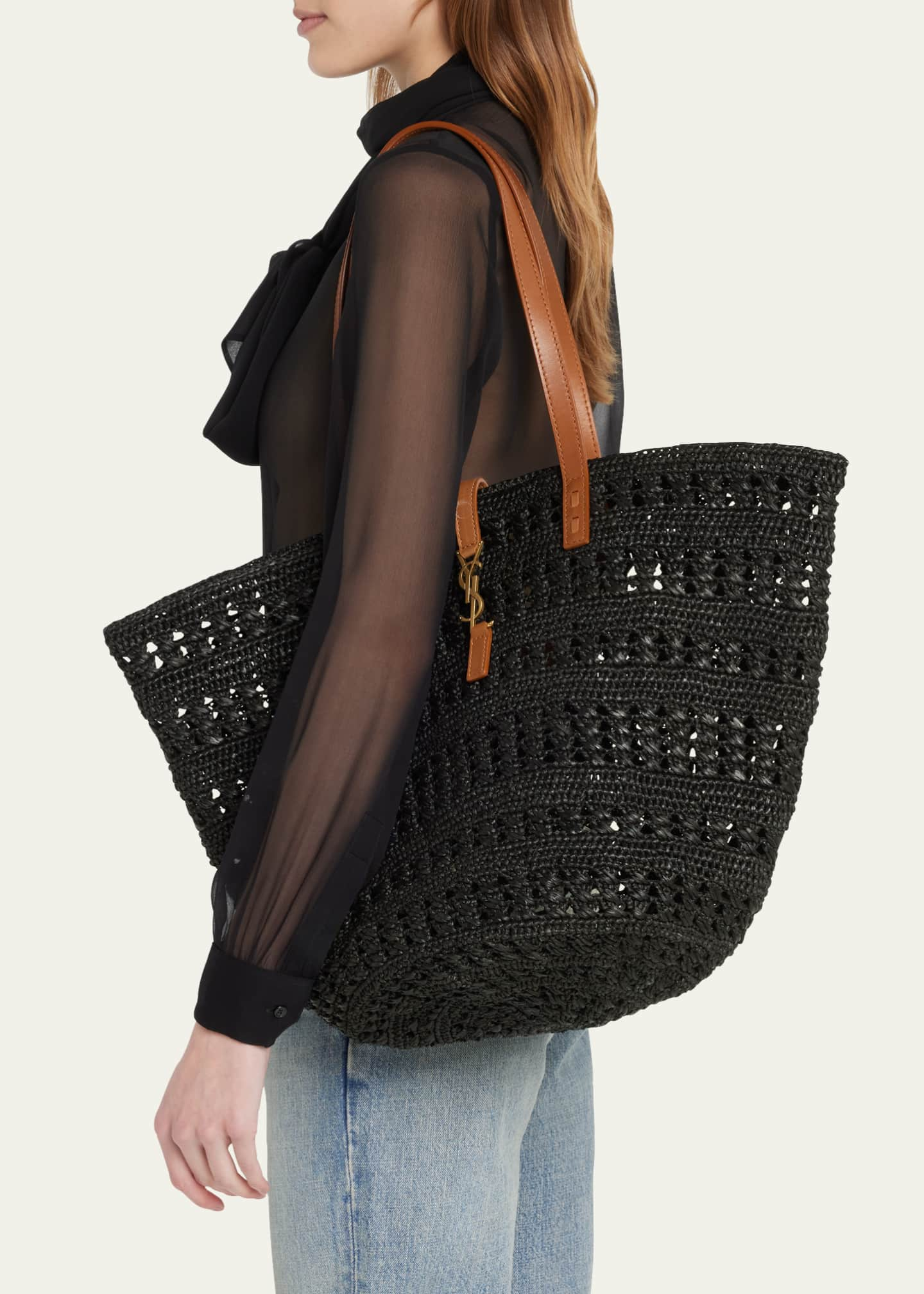 Saint Laurent Panier Raffia Tote Bag in Black