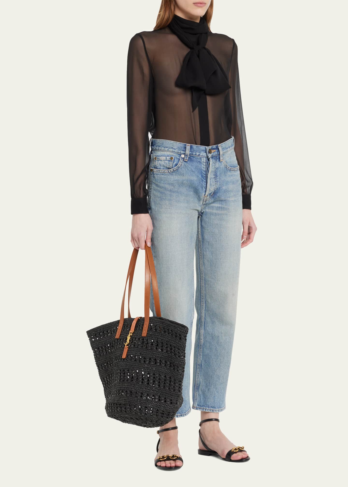 Saint Laurent Medium Panier Harness Raffia Tote - Naturel Noir