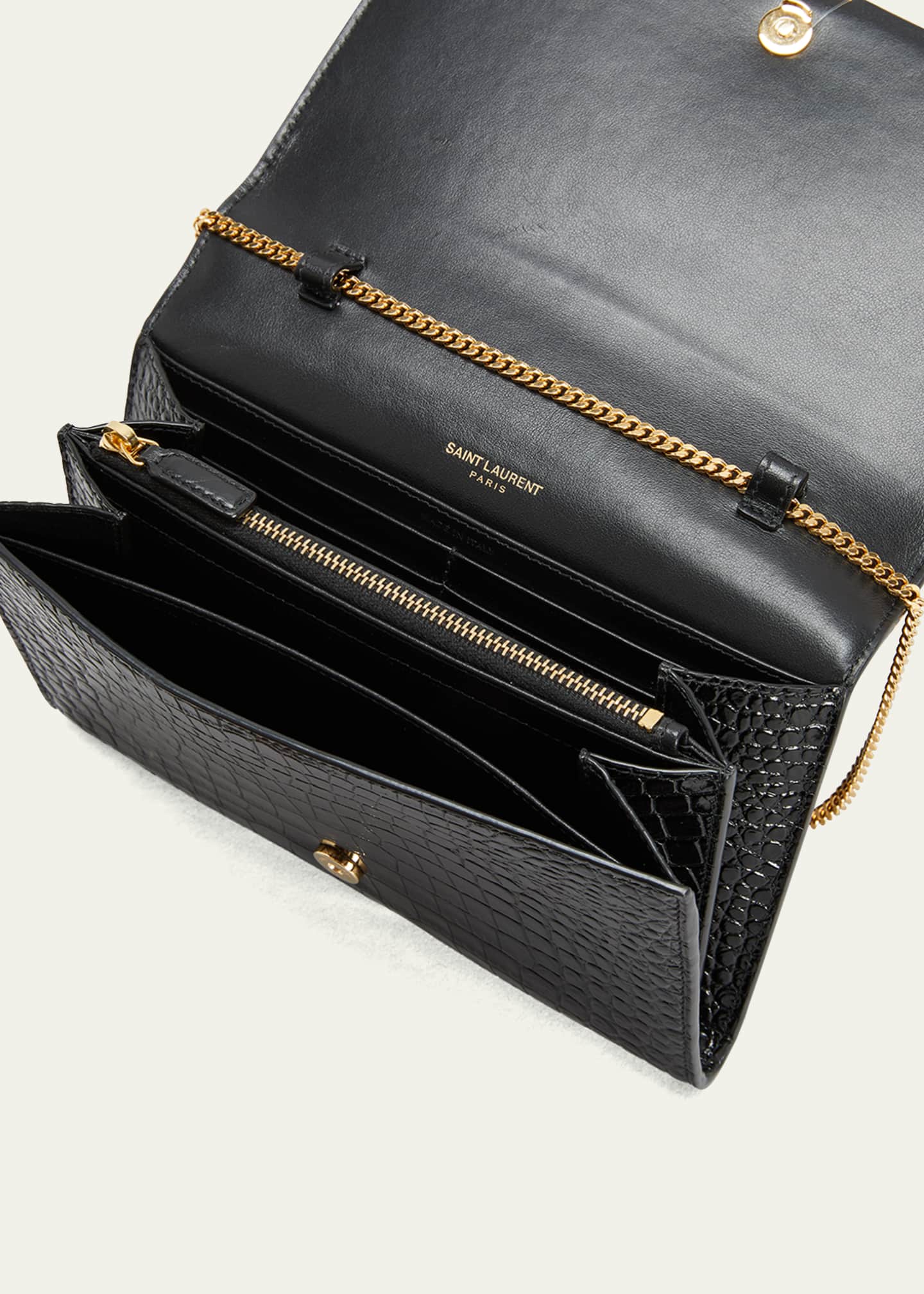 Black saint Laurent YSL wallet on a chain embossed leather bag