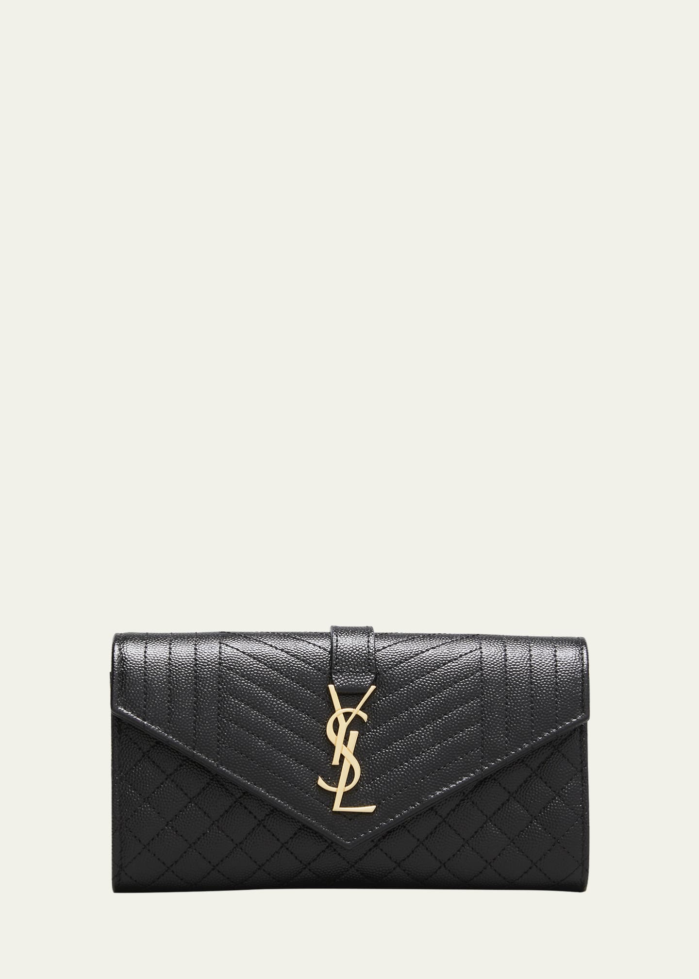 Saint Laurent Ysl Monogram Triquilt Large Ysl Flap Wallet in Grained Leather Black